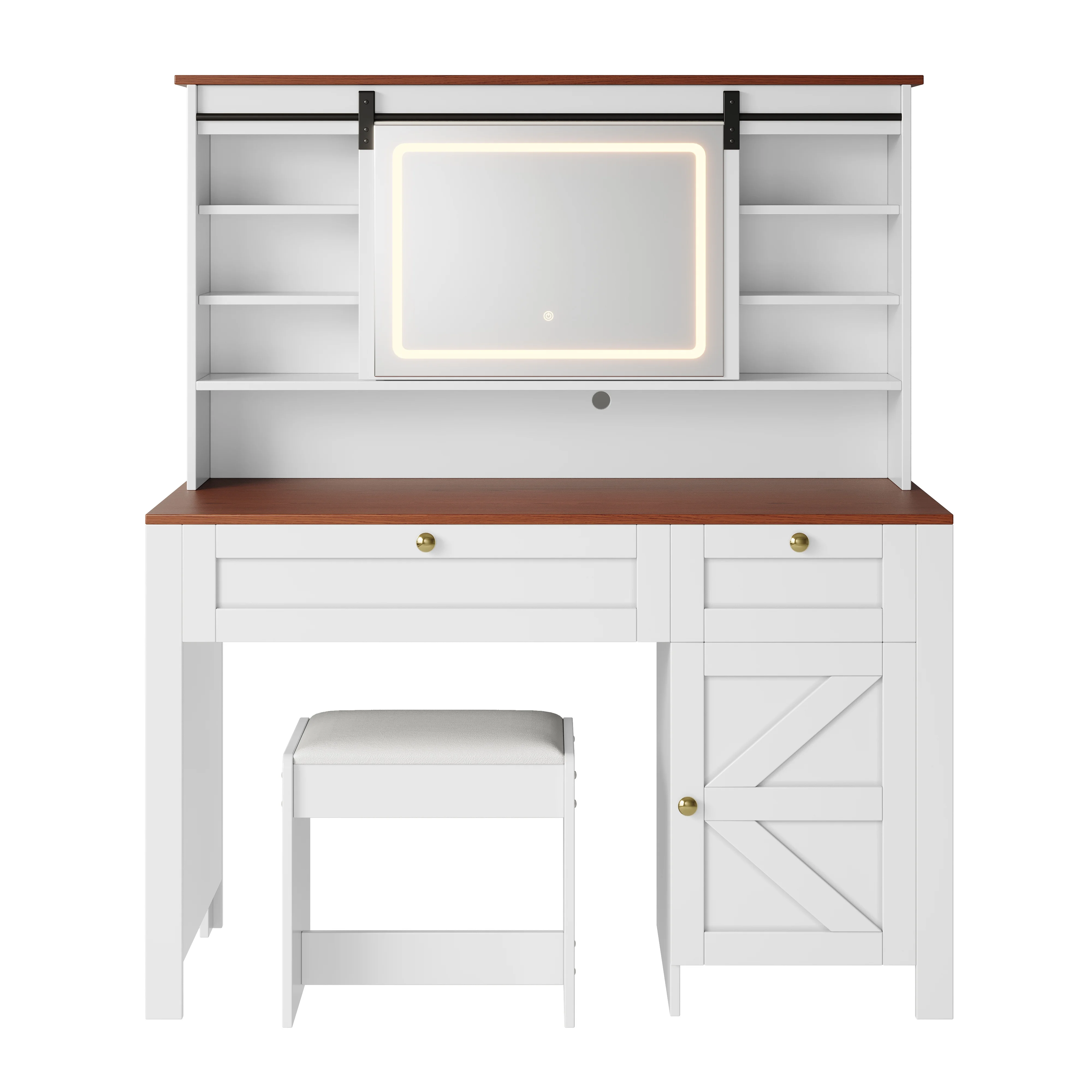 PAPROOS Vanity Set with Sliding Mirror and Lights, Large Farmhouse Makeup Desk with Charging Station, Dressing Table with 2 Drawers and Storage Cabinet, Upholstered Stool, White