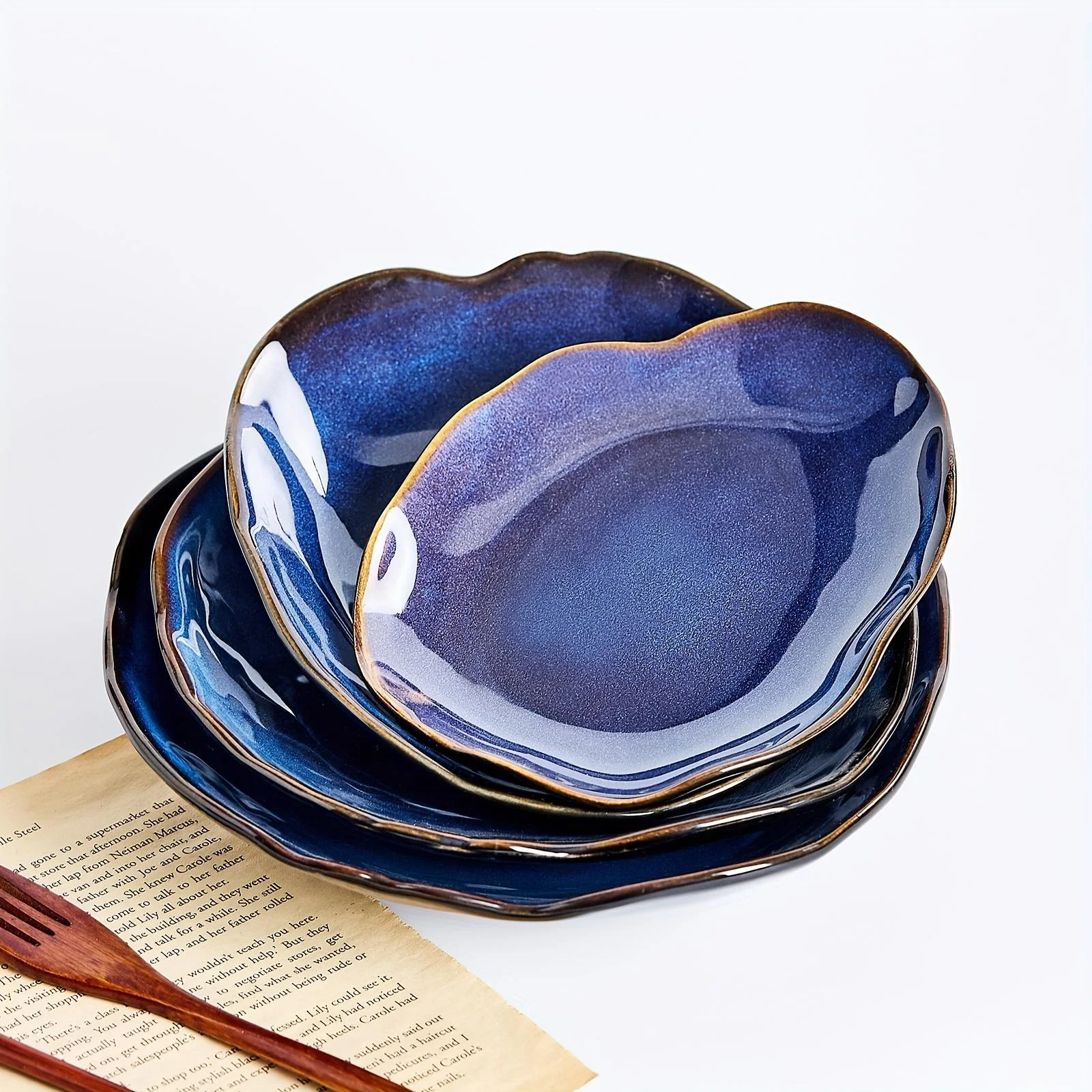 TAUFIKT 16pcs Nordic-style Ceramic Tableware Set, Blue Irregular Artistic Design Dinnerware
