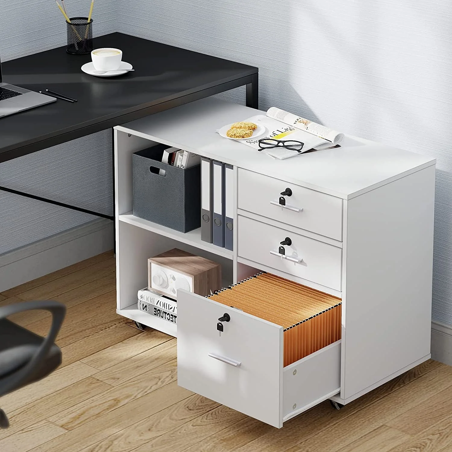 DEXTRUS 3 Drawer Wood Lateral Filing Cabinet with Locks, Printer Stand Storage File Cabinet with Shelves for Home Office, White