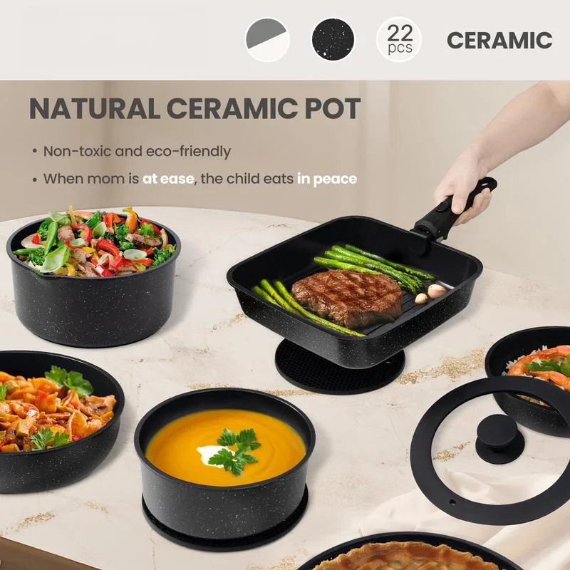 Non-Toxic Nonstick Ceramic 22 pcs pots and pans set complete Cookware Set with Lids,Detachable Handle,PFAS-Free,Dishwasher Oven Safe,Kitchen Outdoorfun Induction Compatible