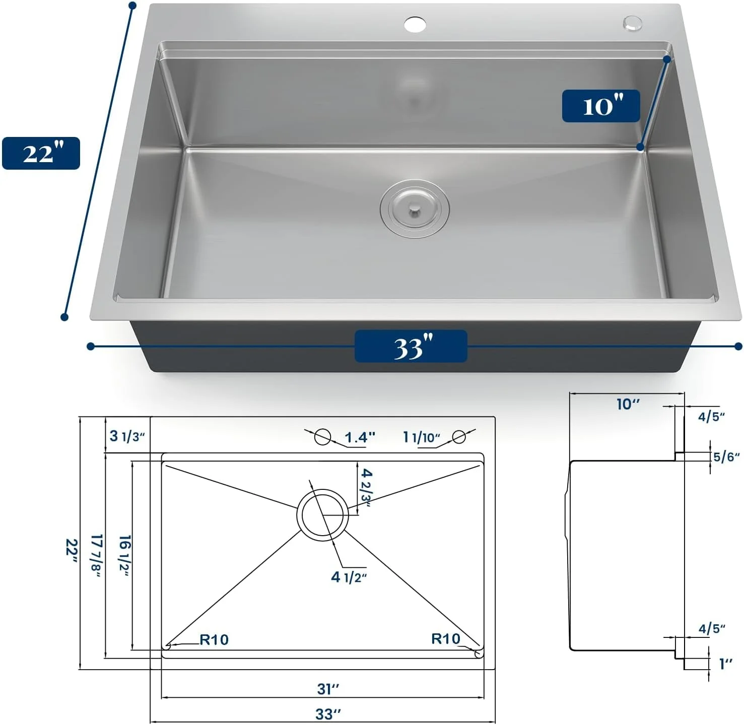 Kitchen Sink,Drop in Single Bowl Stainless Steel Bar Sink with Cutting Board,Undermount Workstation Kitchen Sink with Accessories