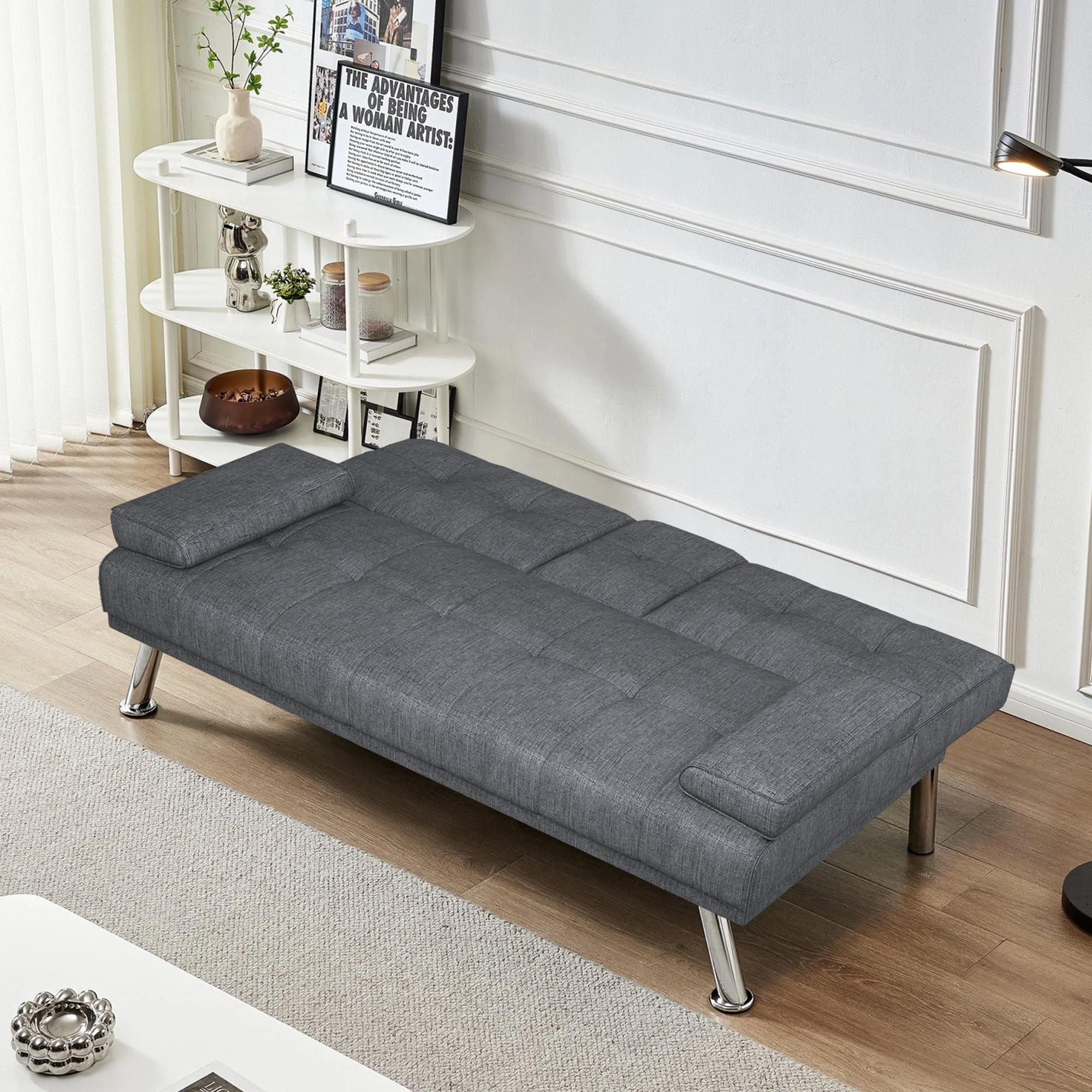 BEABA Futon Sofa Bed Modern PU Faux Convertible Couches with Cup Holder and Pillows Folding Furniture Upholstery