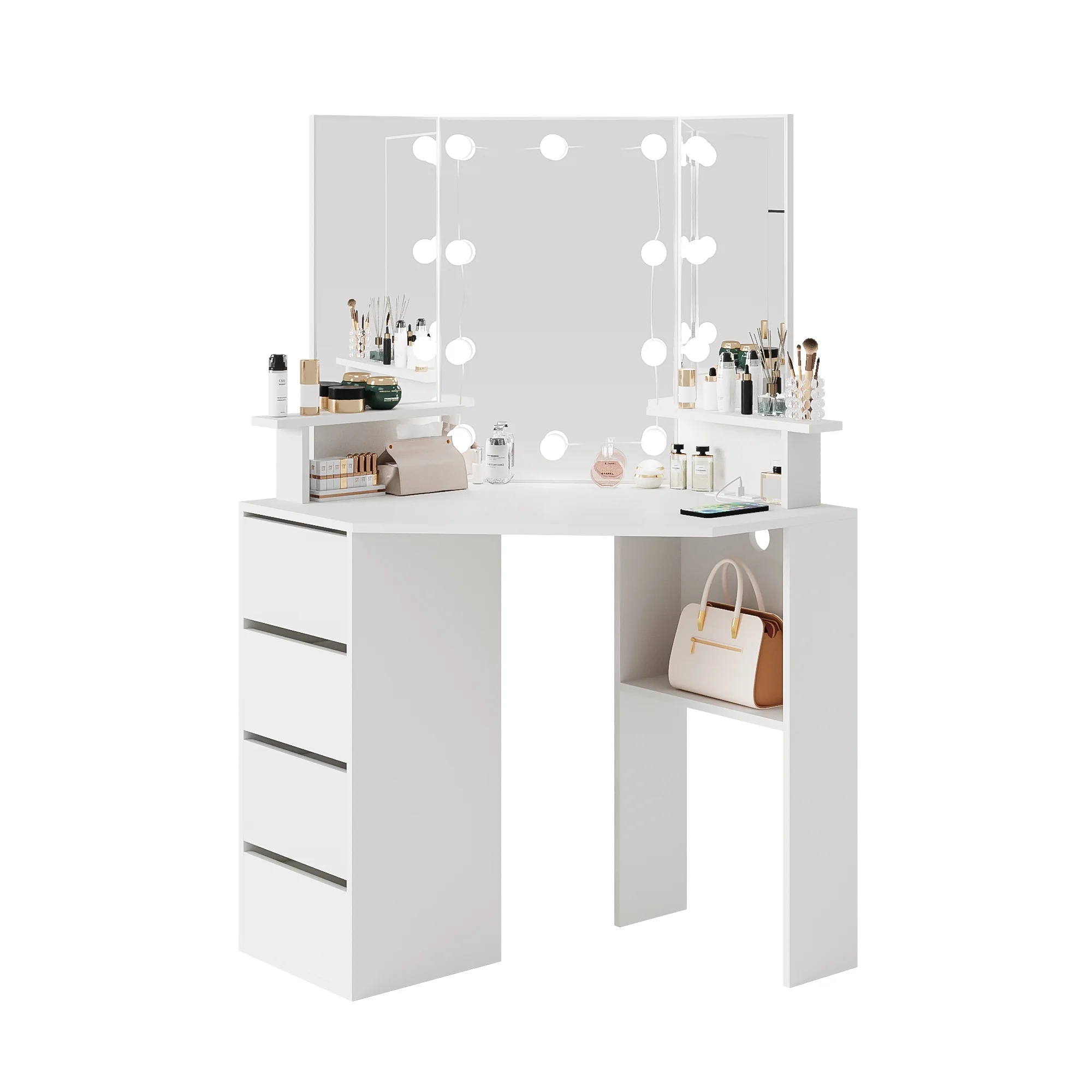 Veanerwood White Corner Vanity Desk with Mirror and Light,Makeup Table with 4 Drawers and Charging Station for Bedroom