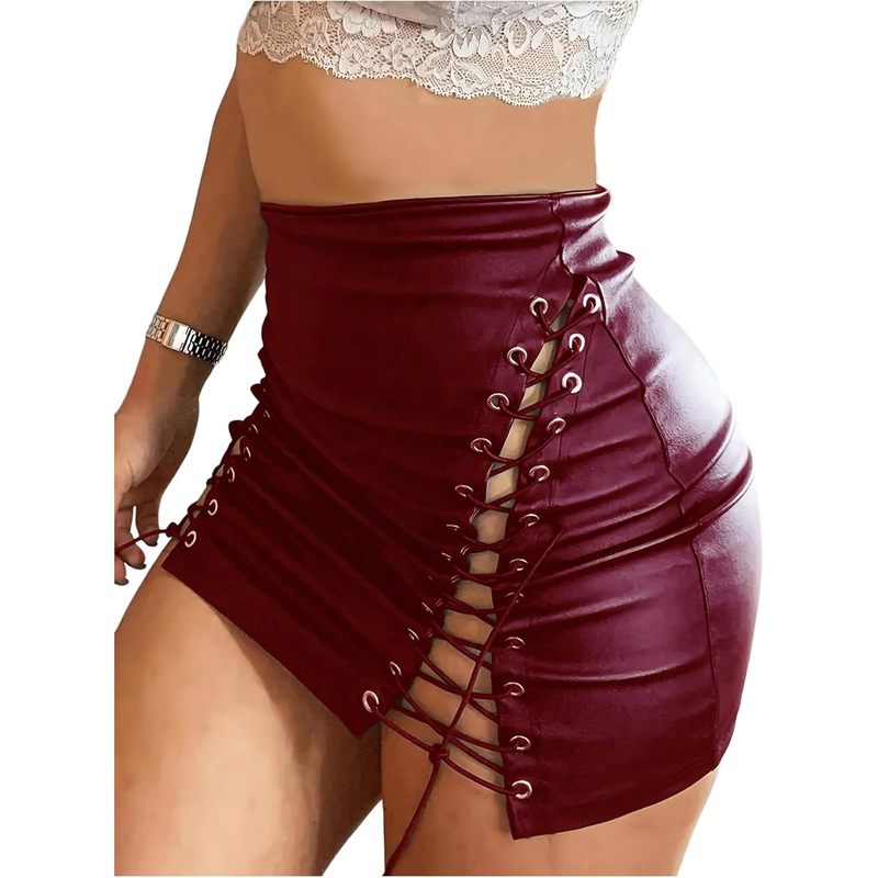 Women's High Waist Leather Mini Skirt Lace Up Side Night Out Bodycon Skirts