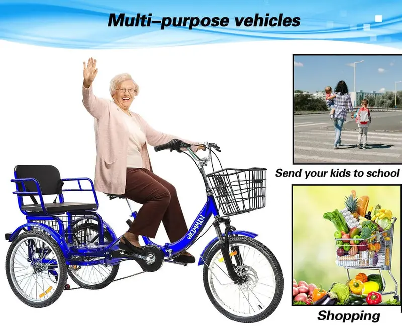 Adult Folding Tricycle – 7-Speed. 20-Inch Wheels. Star-Striped Blue Frame