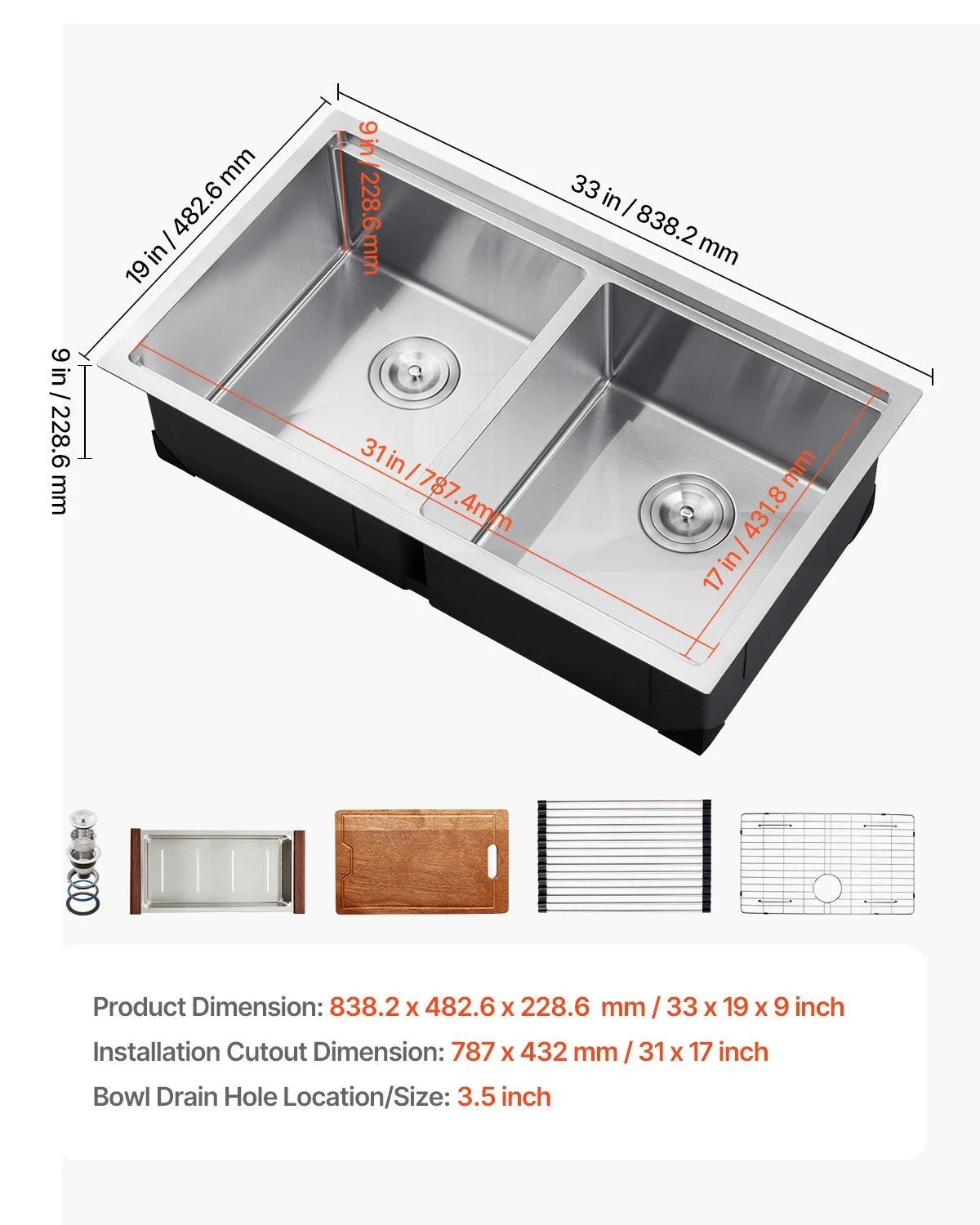 33-inch Undermount Double Bowl Kitchen Sink, Stainless Steel Drop-In Bar Sink