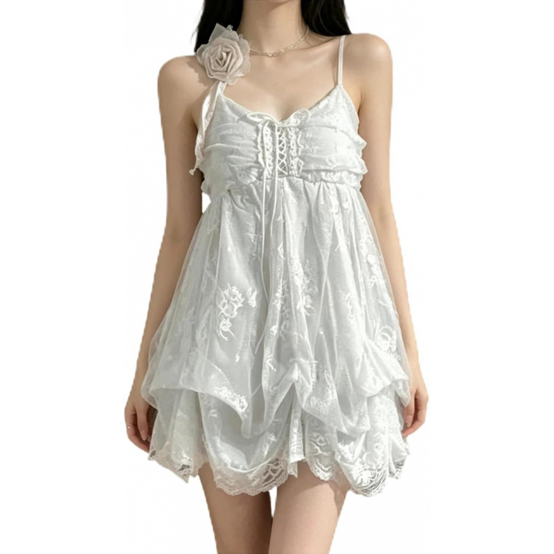 Spaghetti Strap Lace Mini Dress 2000s Women Cute Summer