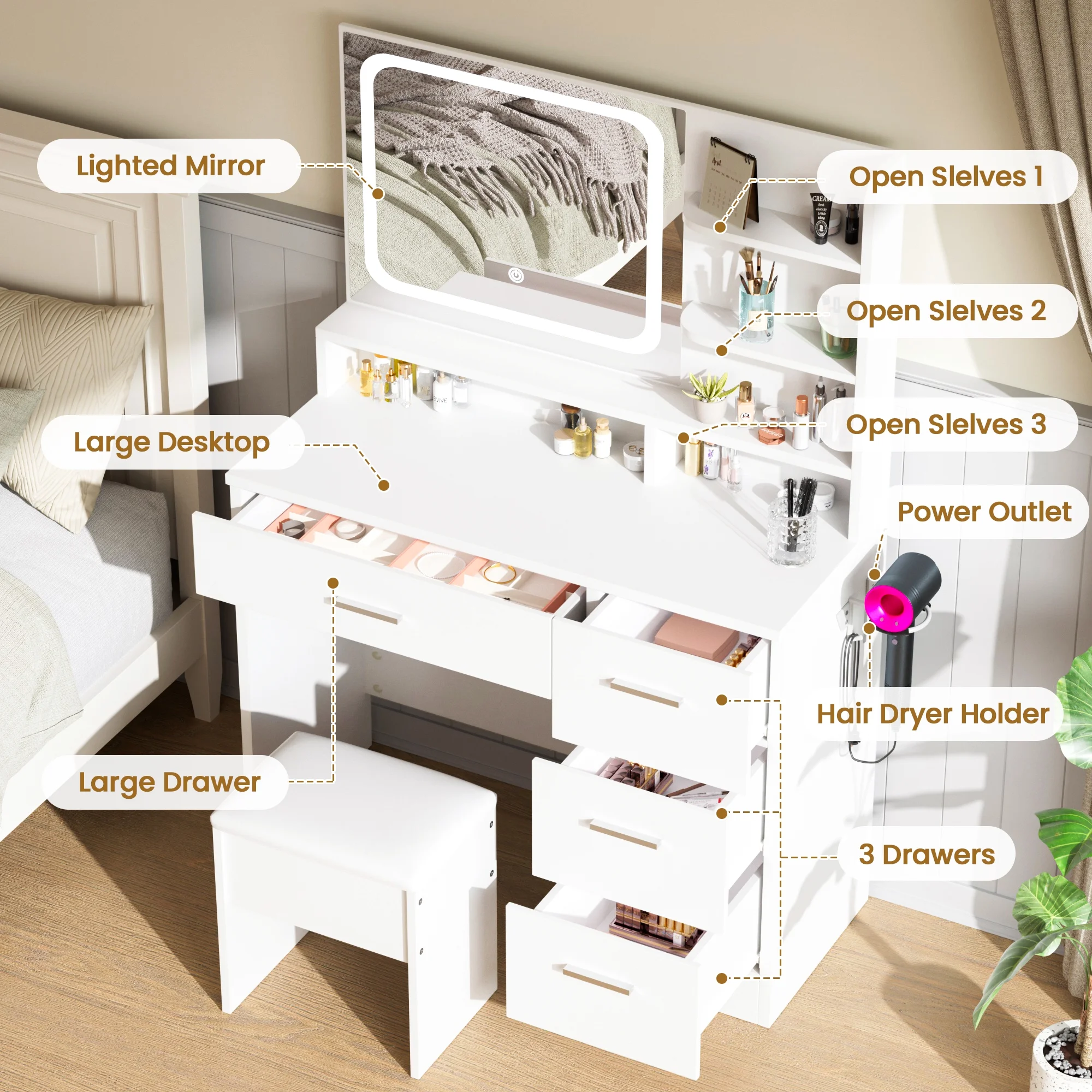 LIVELYGLOW Vanity Desk with Mirror and Lights, Makeup Vanity with Drawer & Storage Shelves, Cabinet, 3 Lighting Modes Adjustable Brightness,White