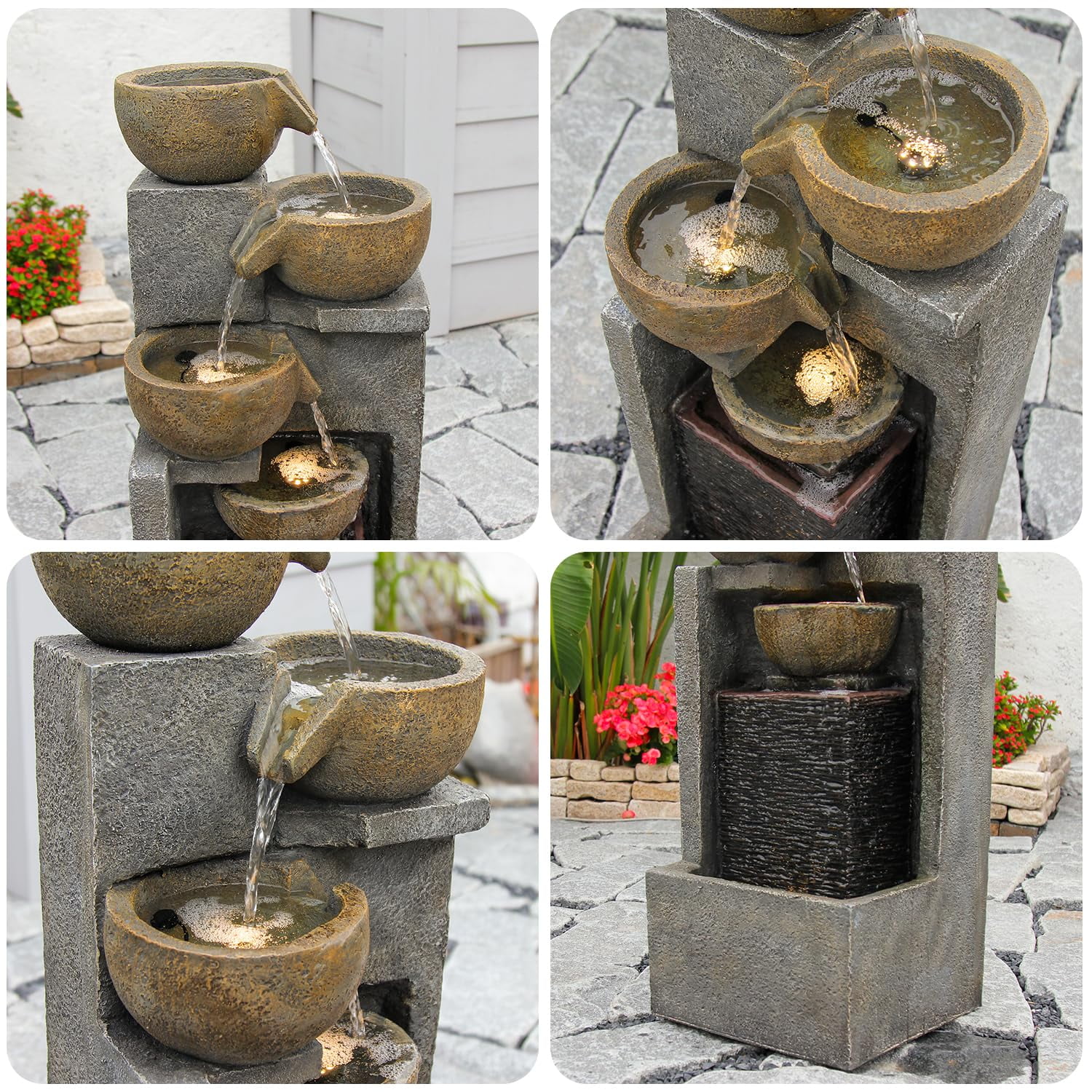 5-Tier Water Fountain Outdoor Garden Waterfall Fountains Indoor Bowl Cascading Water Feature with Led Lights for Home Deck Patio Porch Yard Decor 37.4