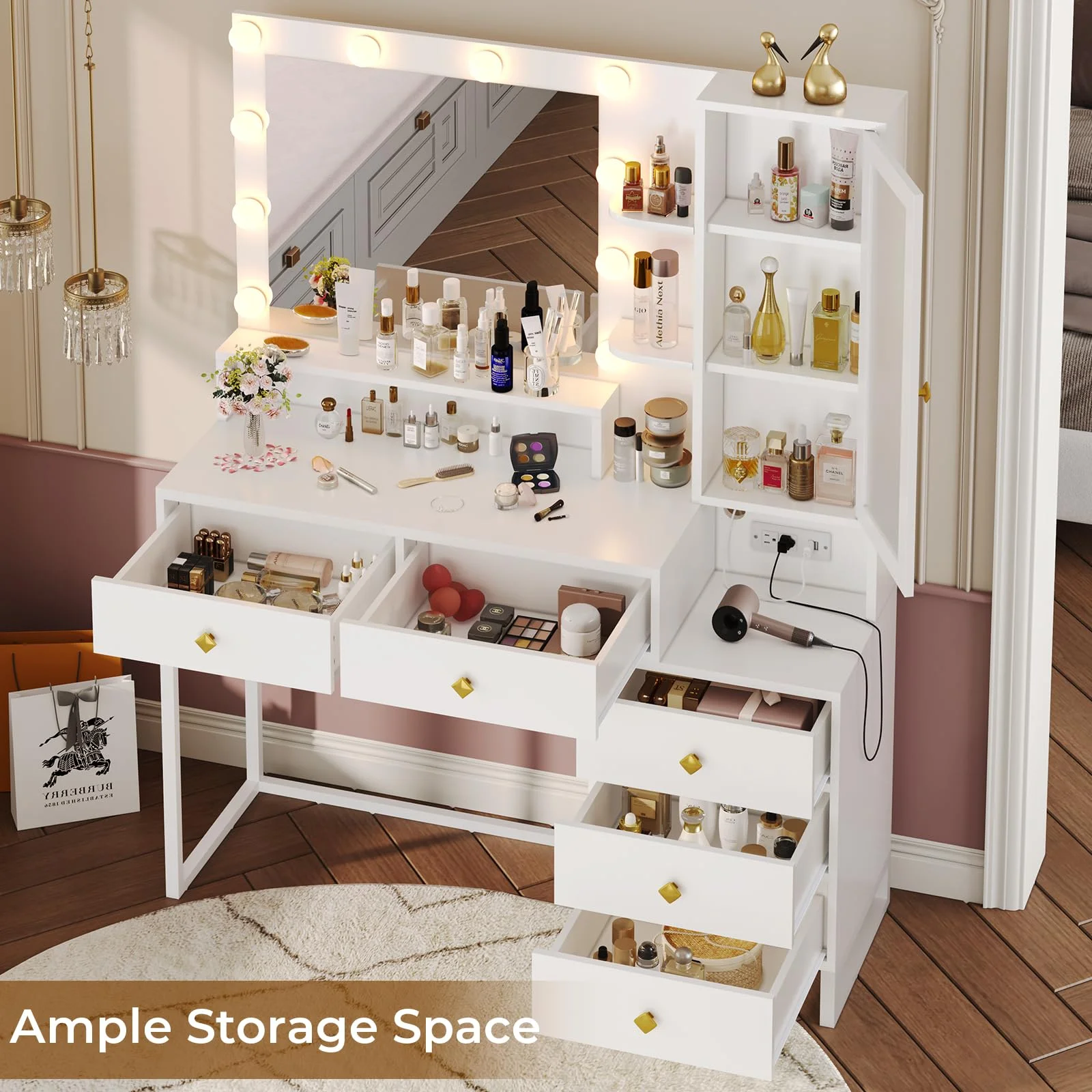 Vanity Desk with LED Lighted Mirror, Makeup Desk with 5 Storage Drawers & 6 Shelves, Vanity Table with Charging Station, Modern Dressing Table with 3 Color Lighting Options, White