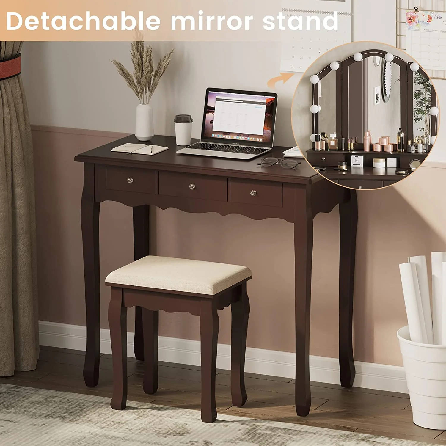 Afuhokles Vanity Table Set with Lighted Tri-Fold Mirror and Stool, Makeup Vanity Dressing Desk 5 Drawers, White