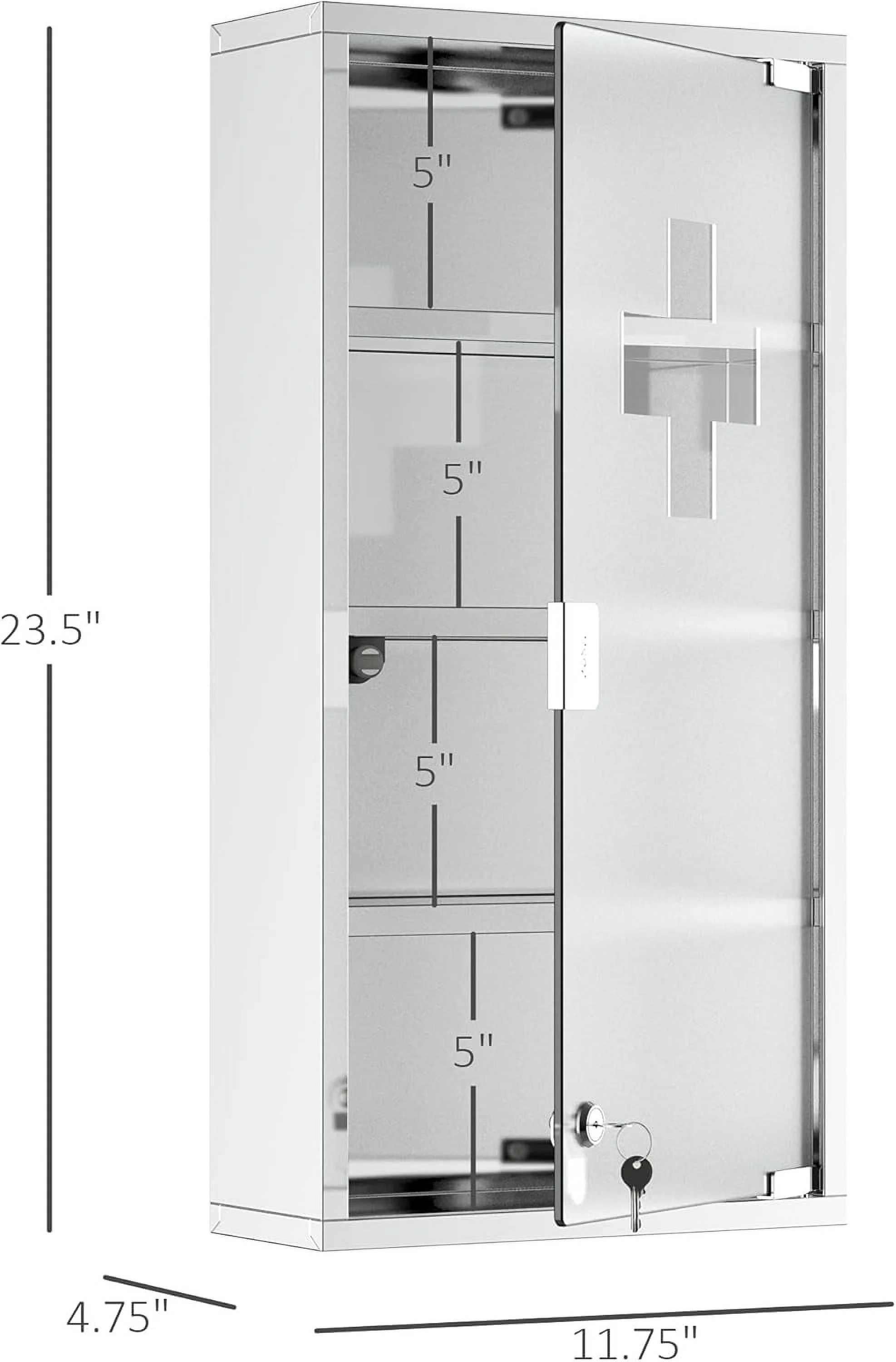 BOBOKY Wall Mounted Medicine Cabinet, Locking Wall Cabinet with 4 Tier Shelves, Stainless Steel Frame and Glass Door, Lockable with 2 Keys, Silver,12