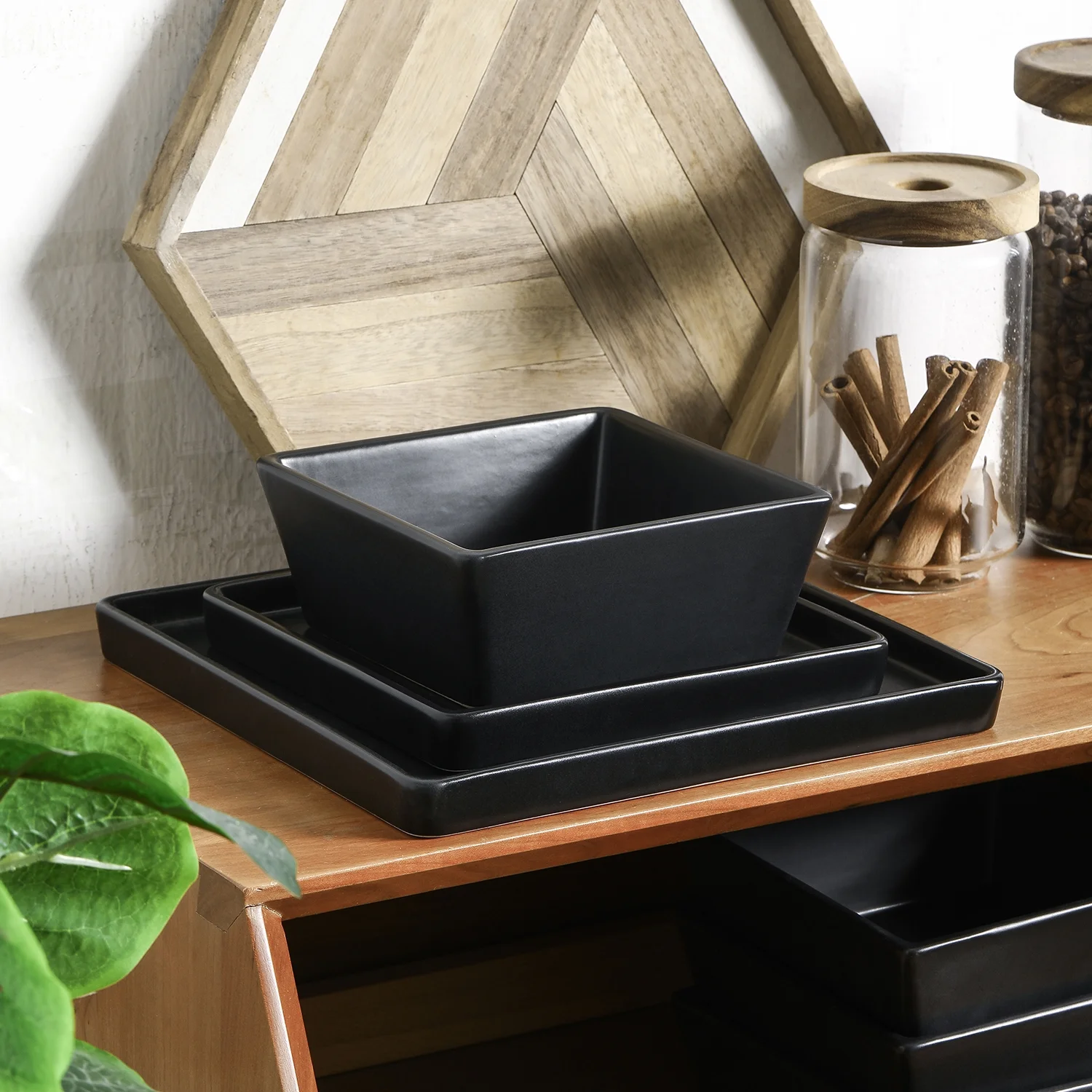 Stone + Lain Grace Stoneware Collection, Square Dinnerware Set, 12-Piece Service for 4, Black Matte