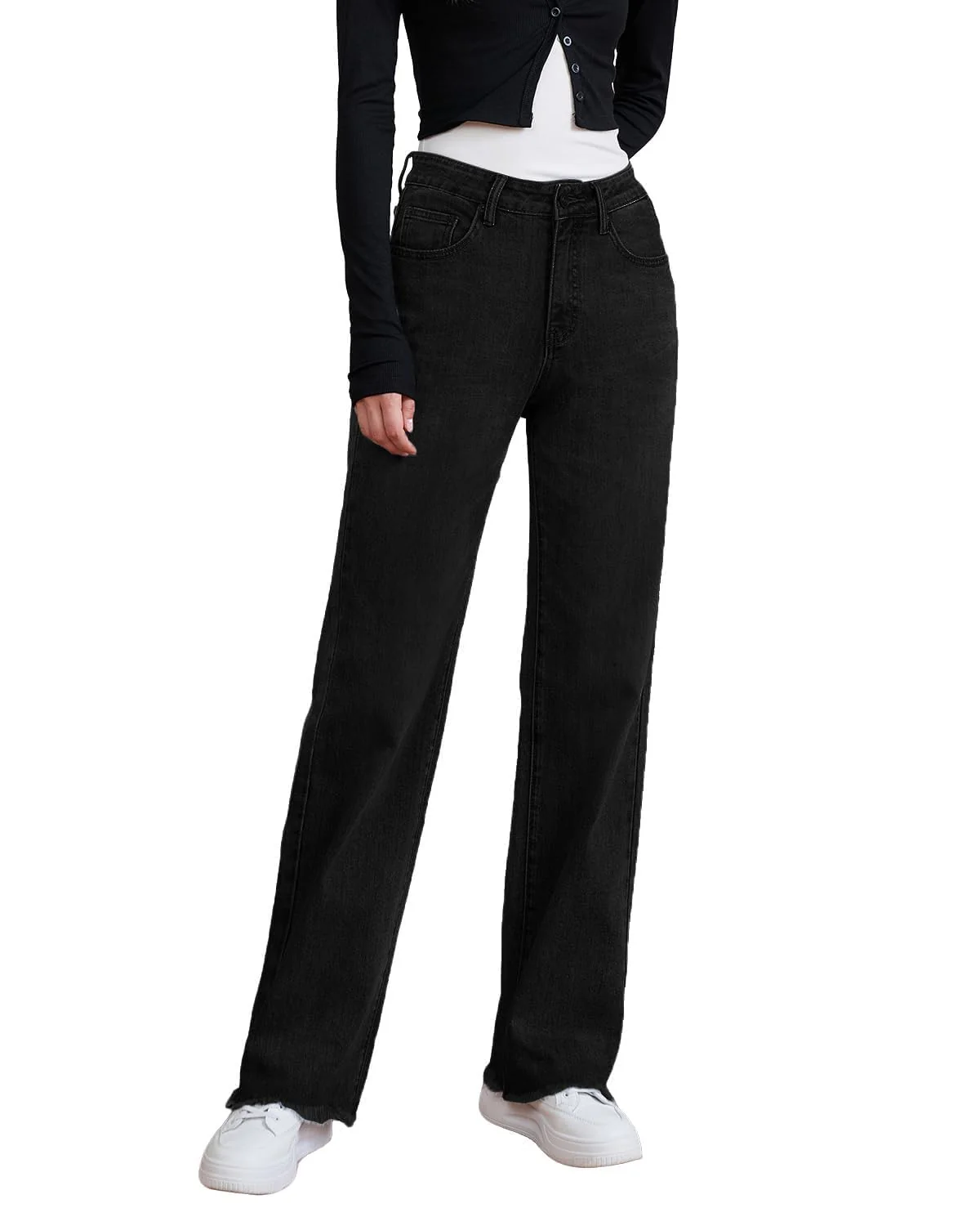 UPNET Womens High Waisted Jeans Stretchy Straight Leg Loose Fit Tummy Control Raw Hem Denim Pants Trendy 2025 Fashion (US, Numeric, 2, Regular, Short, Black)