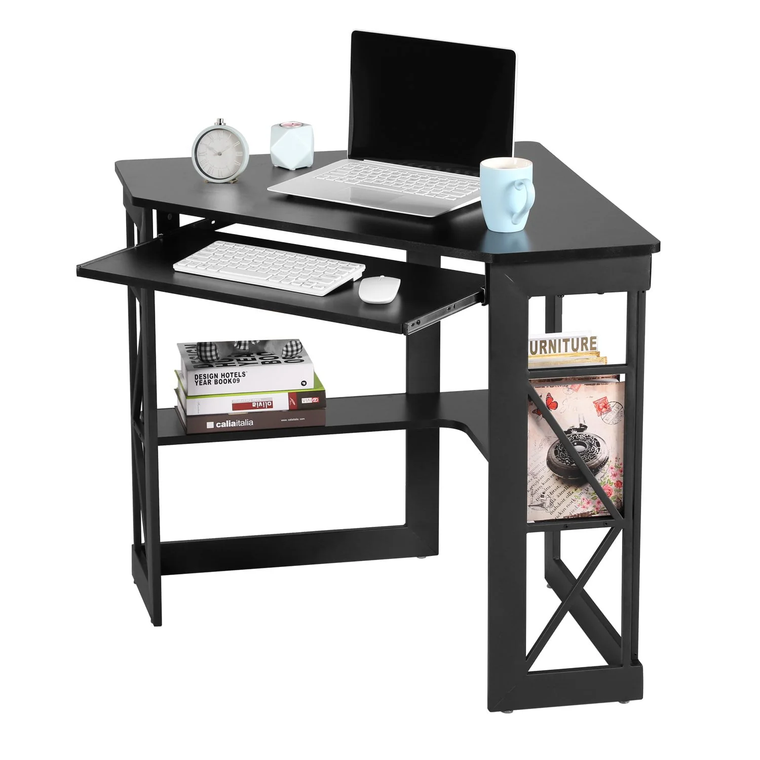 VECELO Corner Computer Desk with Keyboard Tray and Storage Shelf, Student Study Writting Table Workstation for College Dorm Apartment Home Office, Black (90 Degrees)