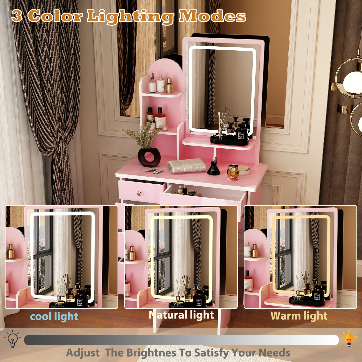MONSLIPA Makeup Vanity Desk Set w/ Light, Sturdy Dressing Vanity Table with Bench, Shelves & Drawers