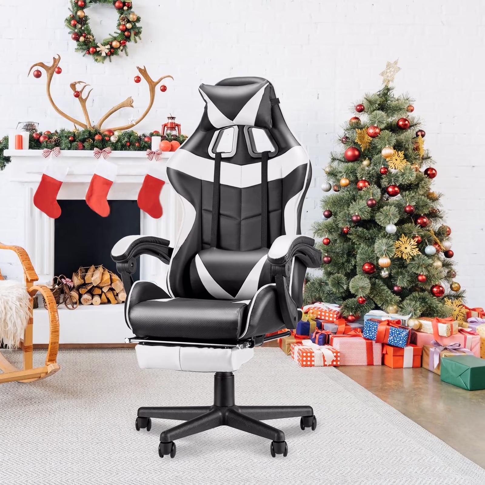 SOONTRANS Green Gaming Chair with Footrest, High Back Gamer Chair with Massage Lumbar Pillow, Gamer Computer Desk Chair (Green)