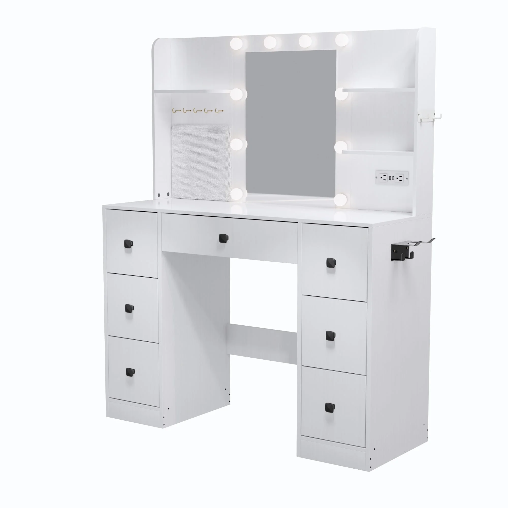 Cottinch Vanity Desk 3 Color Lighted Mirror,Makeup Dressing Table with 4 Drawers and Storage Shelves,2 Outlets,2 USB Ports,White