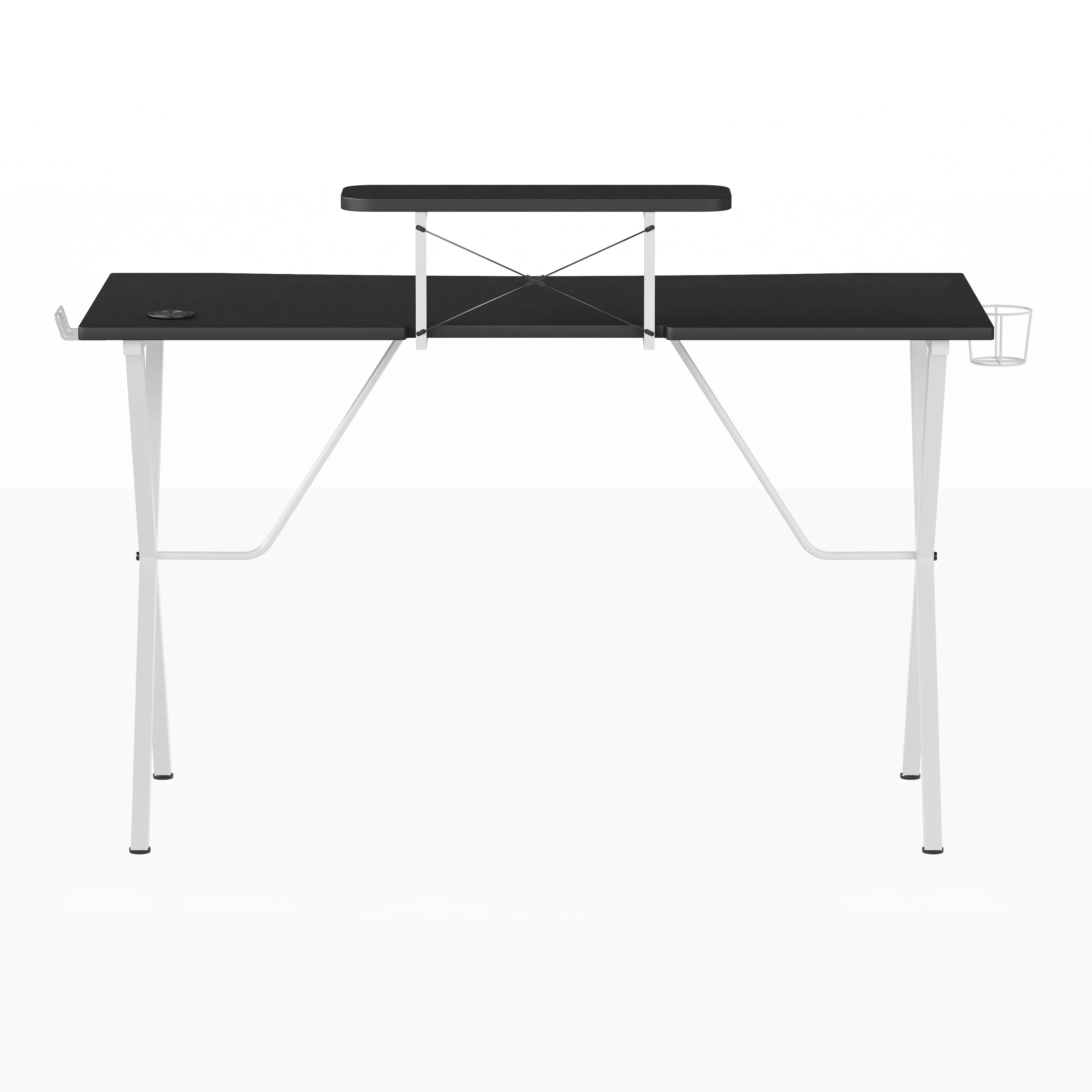 Emma + Oliver Black Gaming Desk and White Frame with Cup Holder, Headphone Hook, and Monitor/Smartphone Stand
