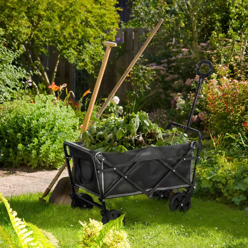 Outsunny Collapsible Folding Wagon Cart. Garden Wagon Portable Cart Black