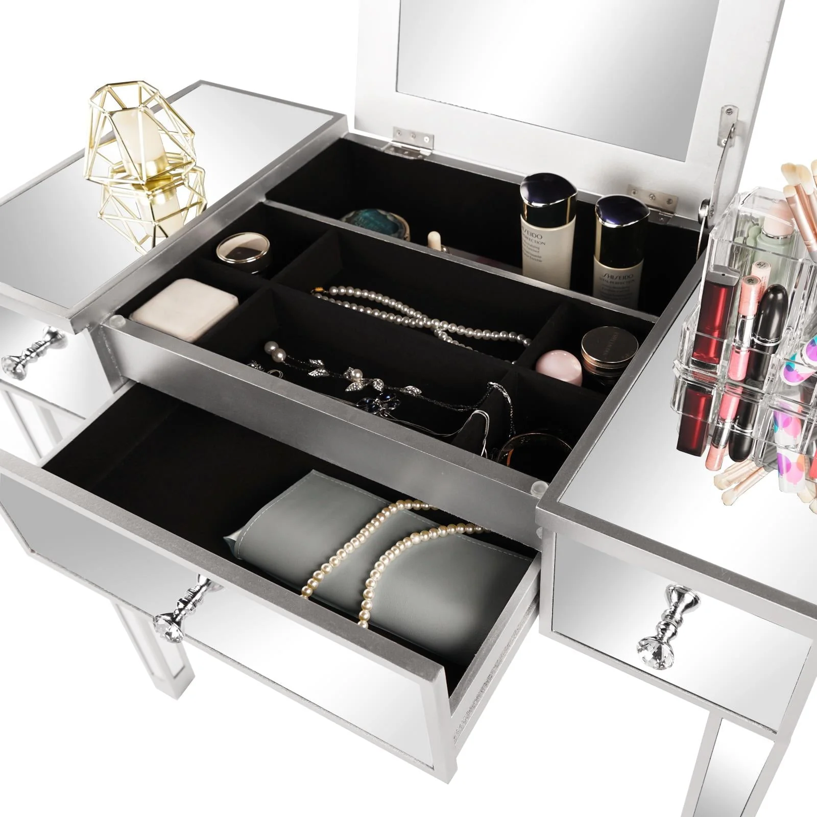 Zimtown Vanity Table Makeup Dressing Table Wood Jewelry Desk with Flip-top Mirror 3 drawers(Stool is NOt INCLUDED),Silver