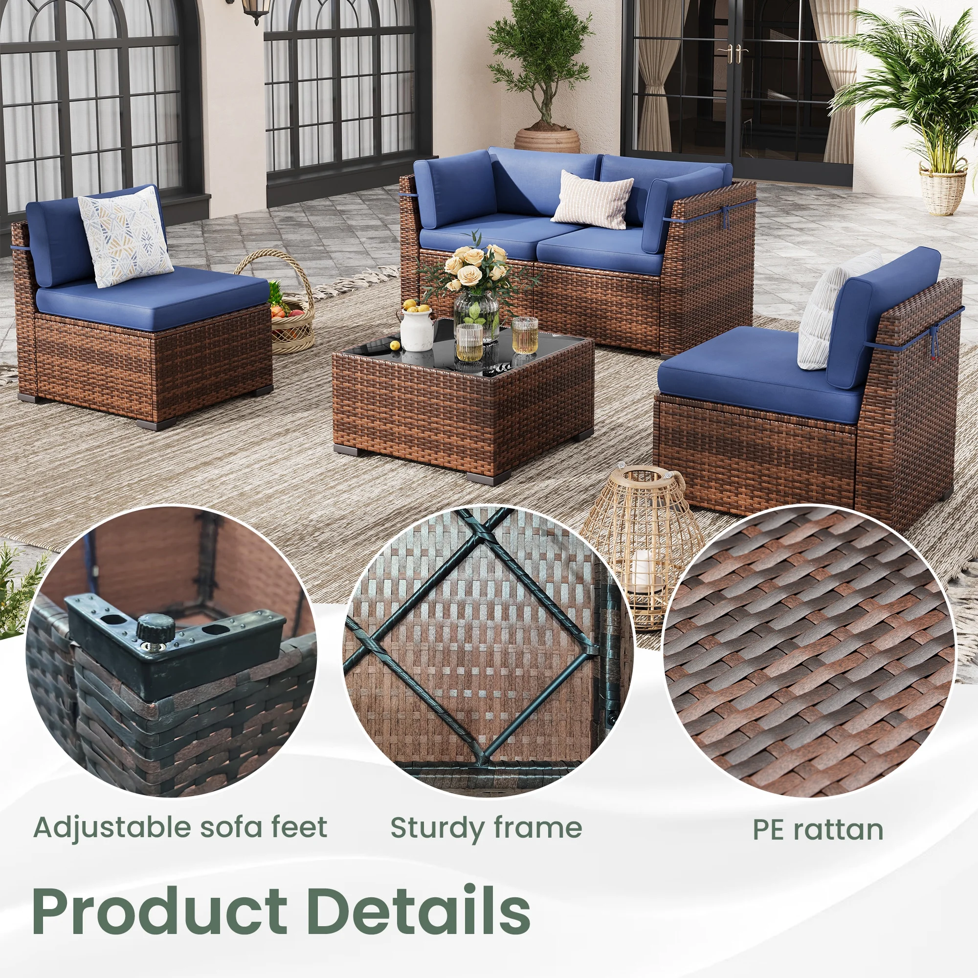 Poteban 7 Pieces Outdoor Sectional Sofa Set , PE Wicker Rattan Slanted Back Outdoor Conversation with Cushions and Glass Coffee Table for Backyard Garden, Dark Gray