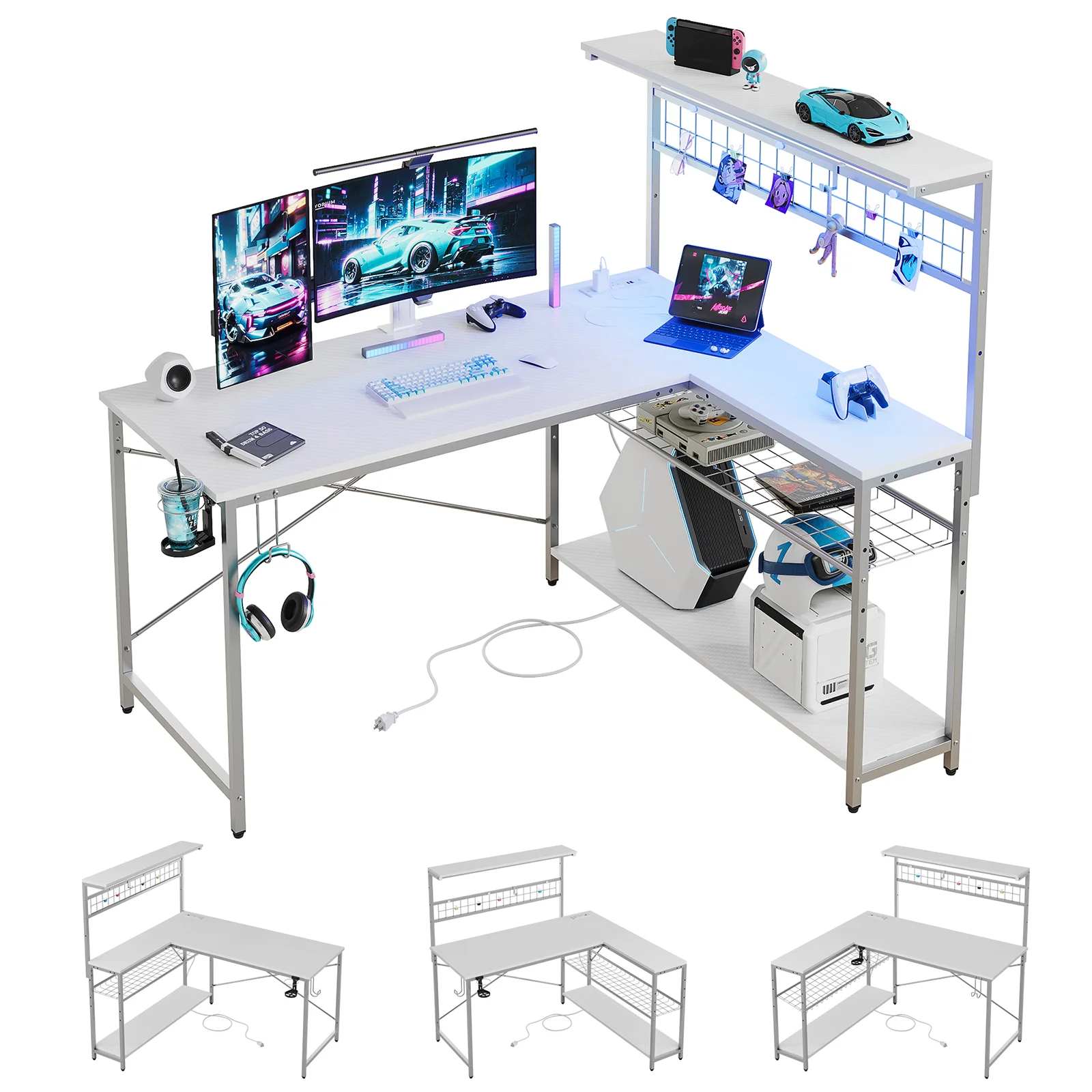 Bestier 51 L Shaped Gaming Desk with Power Outlets & LED Light, Computer Desk with 4 Tiers Shelves for Home Office, Reversible Gamer Table with Hooks and Cup Holder, Carbon Fiber