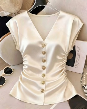 France style fold V-neck pure satin shirt