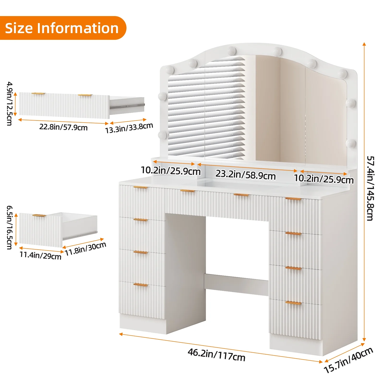 Tomnk White Vanity with Lights Mirrors, Makeup Vanity Desk with Drawers and Chair, Power Outlet