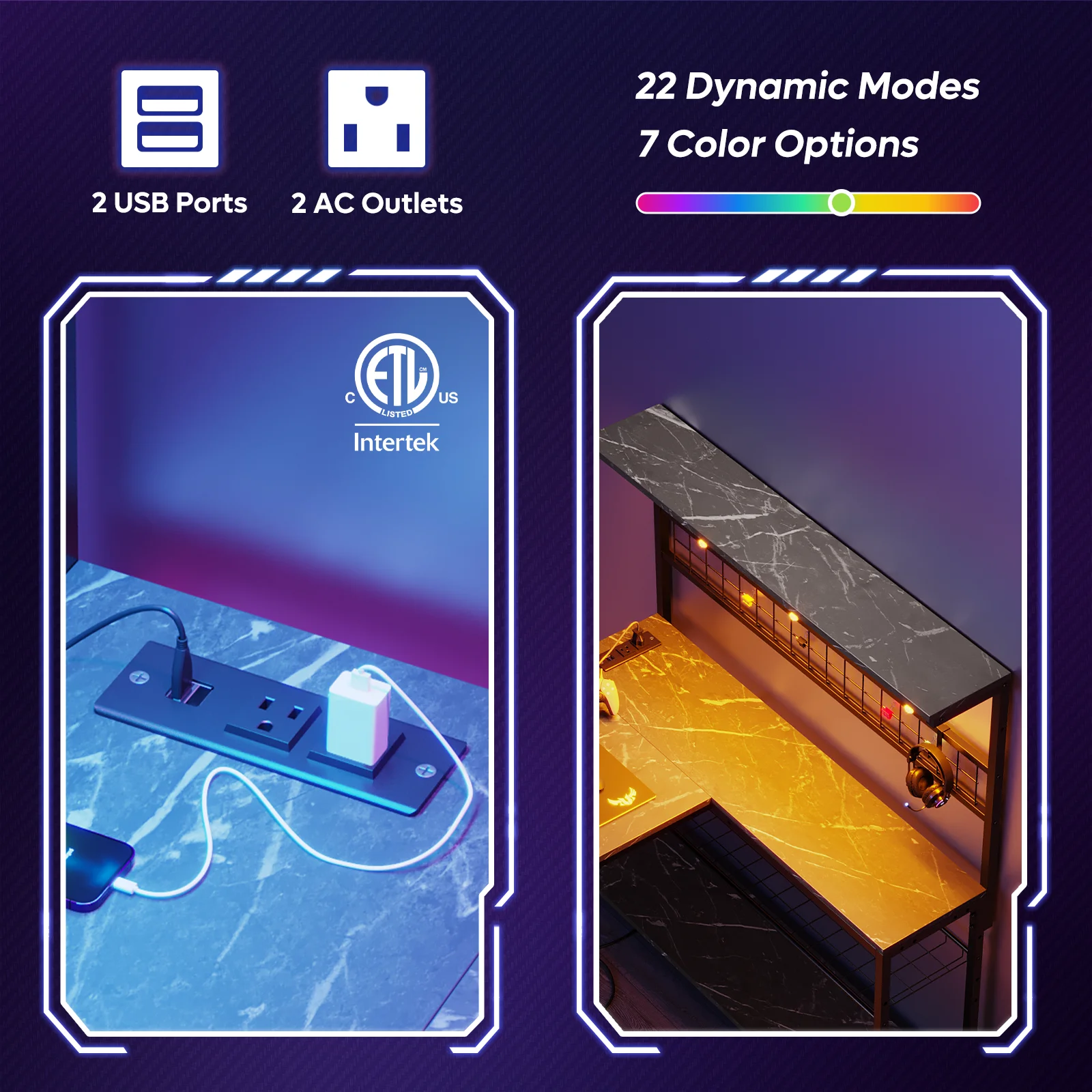 Bestier 51 L Shaped Gaming Desk with Power Outlets & LED Light, Computer Desk with 4 Tiers Shelves for Home Office, Reversible Gamer Table with Hooks and Cup Holder, Carbon Fiber