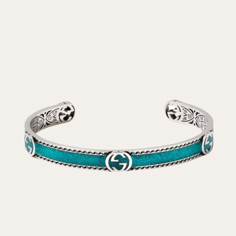 Gucci Cuff Bracelet Interlocking Gg Sterling Silver Turquoise Enamel