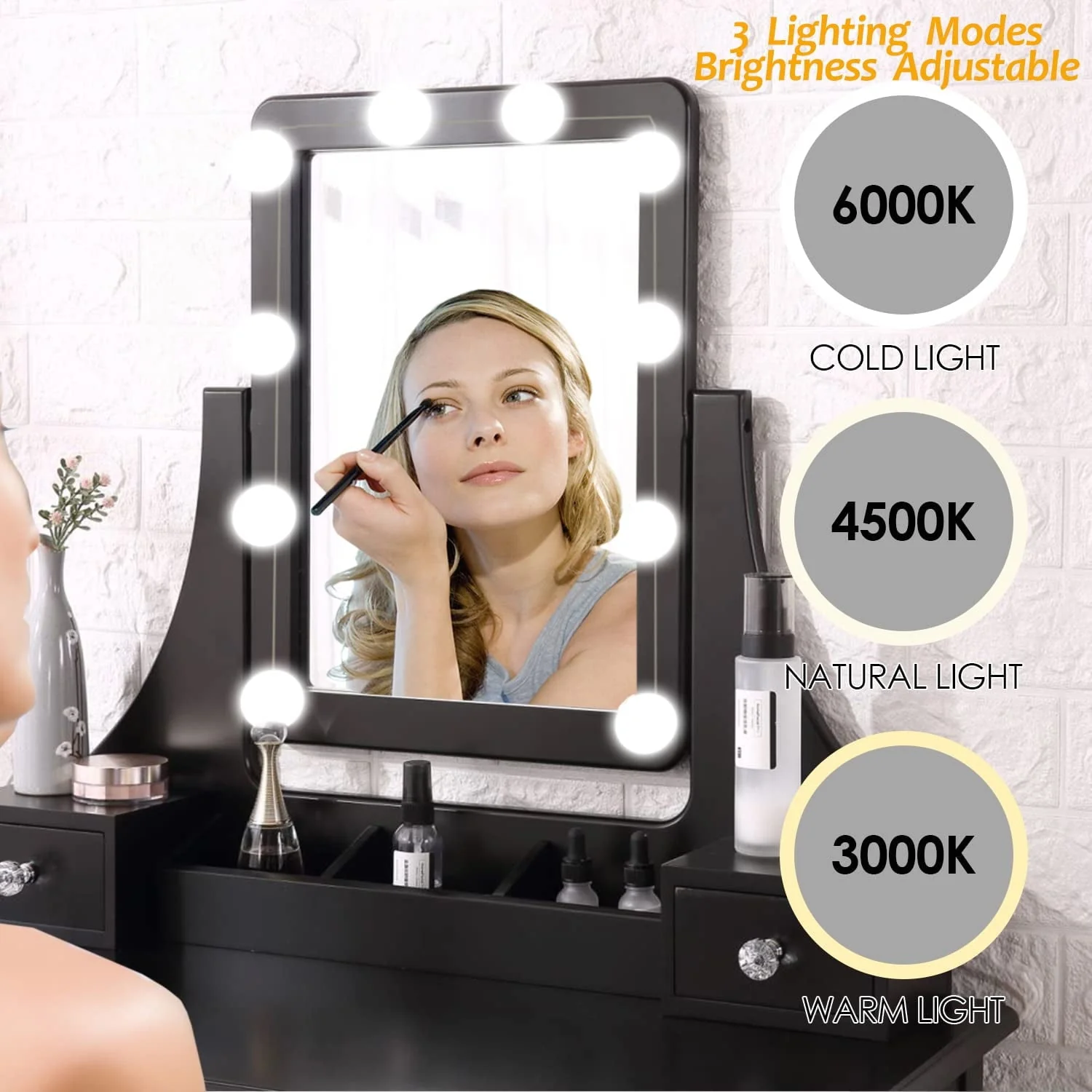 VEANERWOOD Makeup Vanity Table with 10 Led Lights, Lighted Mirror Vanity Desk with Cushioned Stool Set, 5 Drawers and 2 Shelves, Bedroom Dressing Vanity, Luxurious, Black