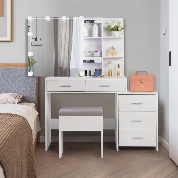 Alvantor Makeup Vanity Desk with 3-Color LED Mirror, Stool, USB Outlets, 5 Drawers, White Finish