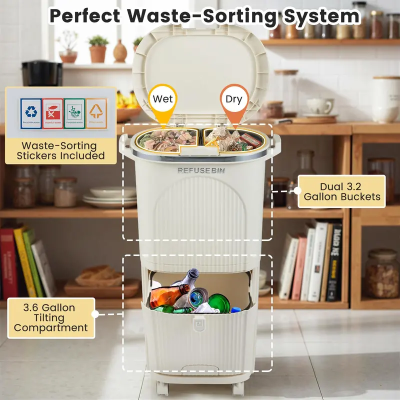 10-Gallon Dual-Bucket Kitchen Trash Bin – Lid-Covered Waste Container with Removable Liners