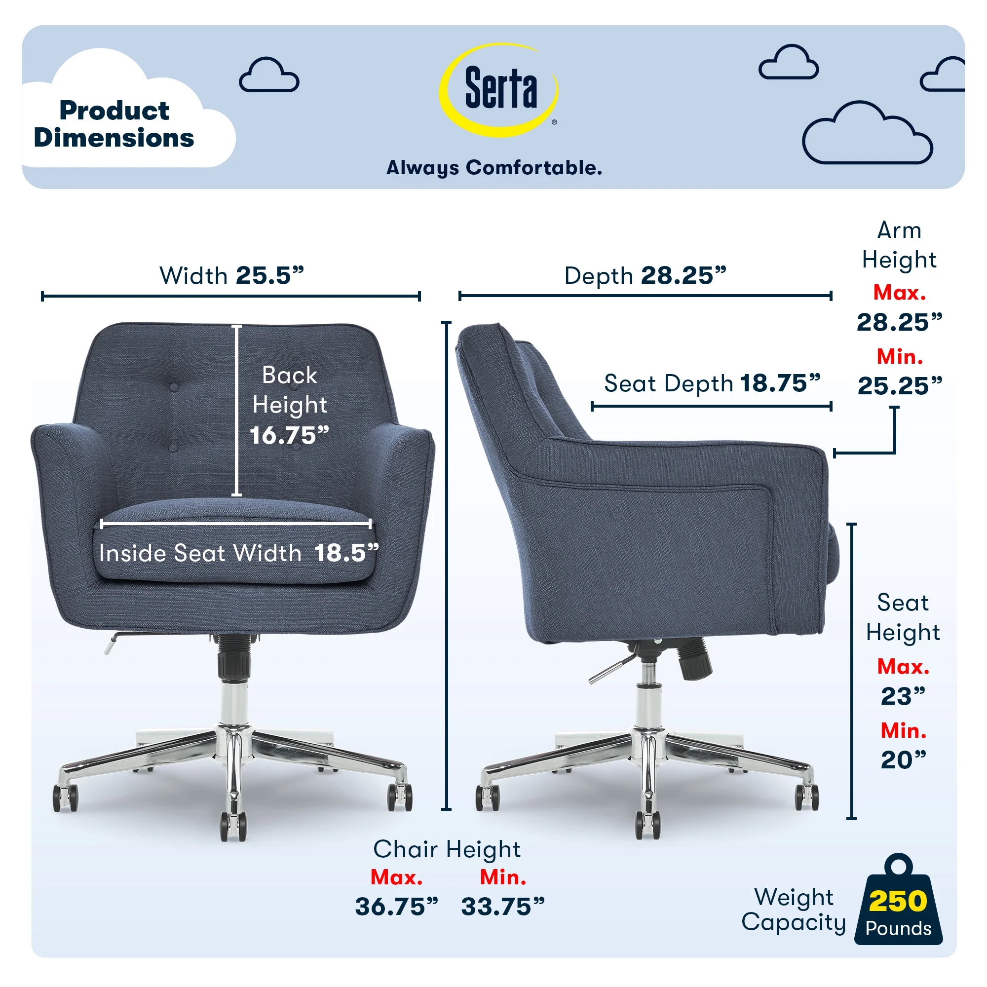 Serta Ashland Office Desk Chair, Button Tufted Mid-Back, Memory Foam Cushion, Chrome Swivel Base, Charcoal