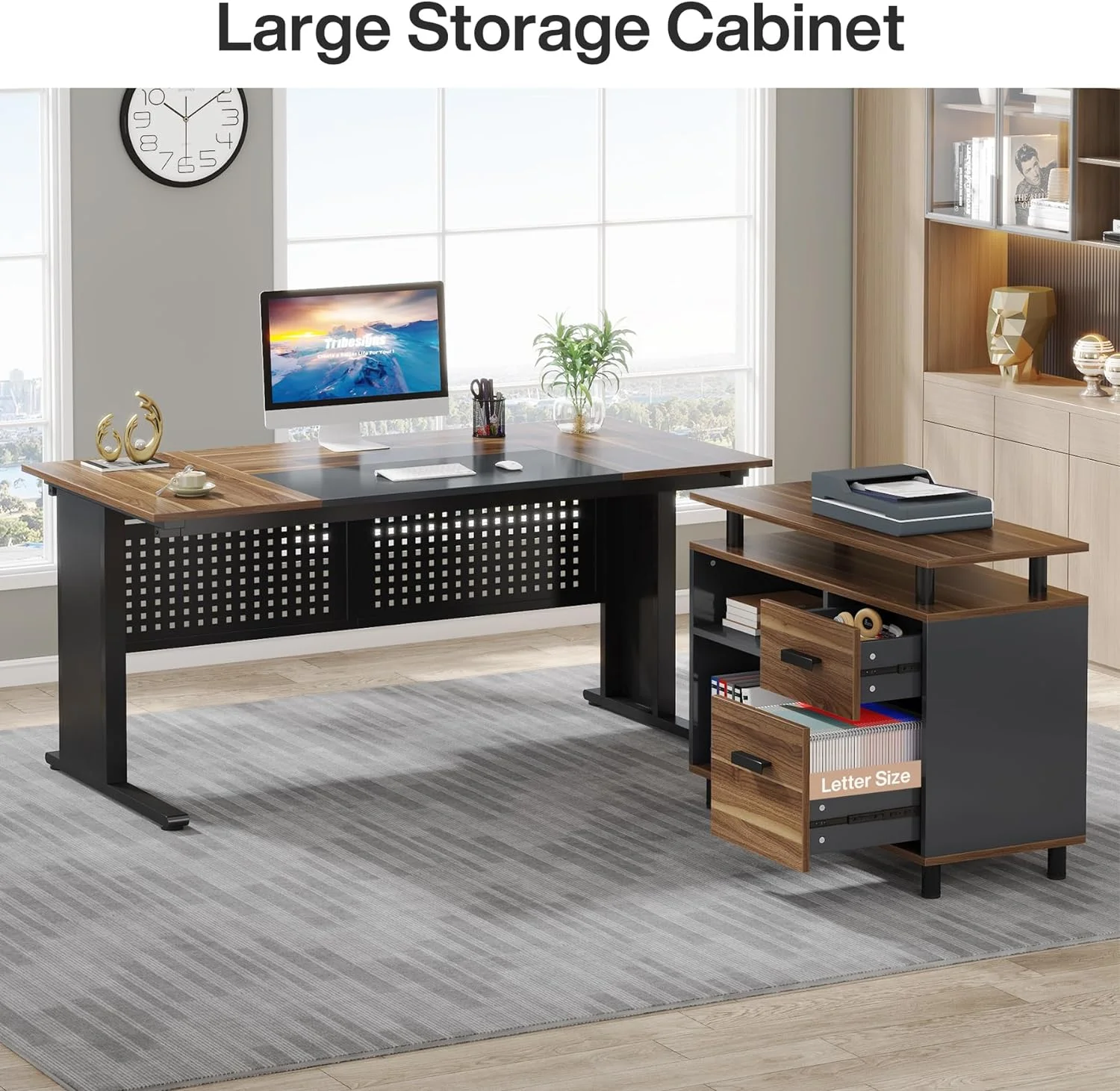 Tribesigns 63 Inch Executive Desk with File Cabinet, Large Office Desk L Shaped Computer Desk with Drawers and Storage Shelves, Business Furniture Desk Workstation for Home Office, Brown and Black
