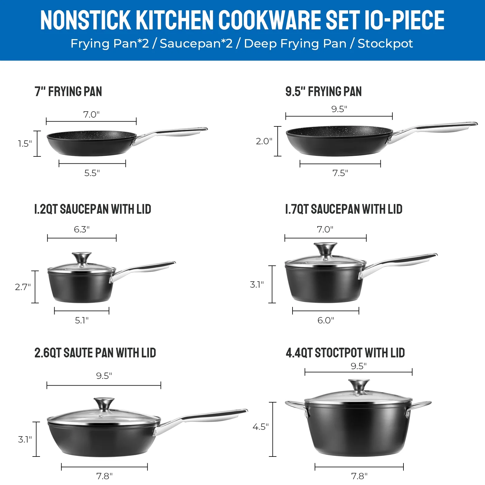 10 pcs Induction Cookware Pots and Pans Set, Compatible with All Stoves, Dishwasher Safe, Aluminum