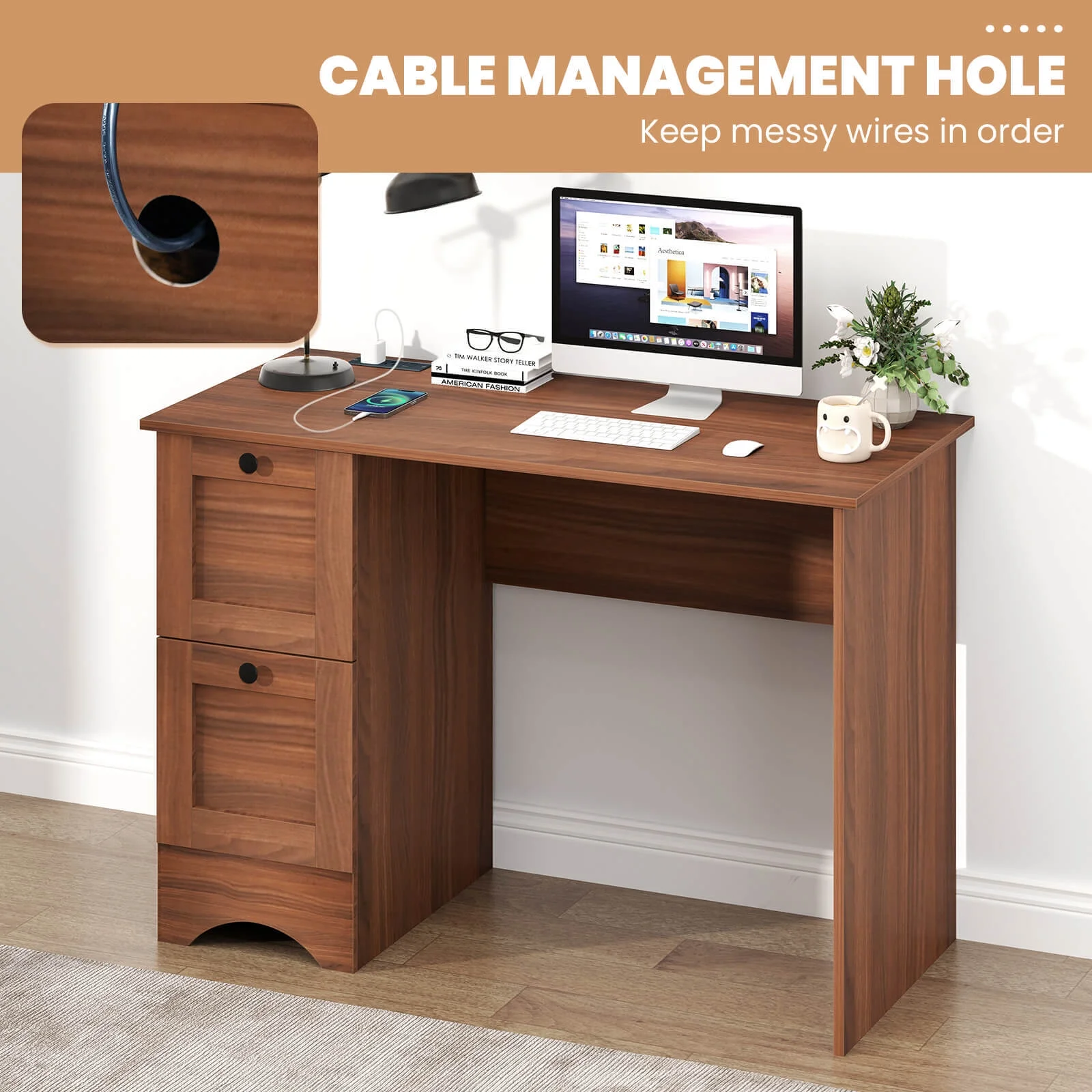BHUIK Vintage Computer Desk with Charging Station, 43