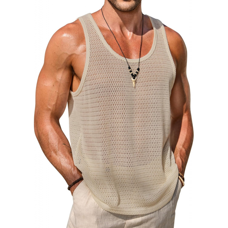 Men Mesh Hollow Out Tank Top Breathable See Through Beach Vest(S-XXL)