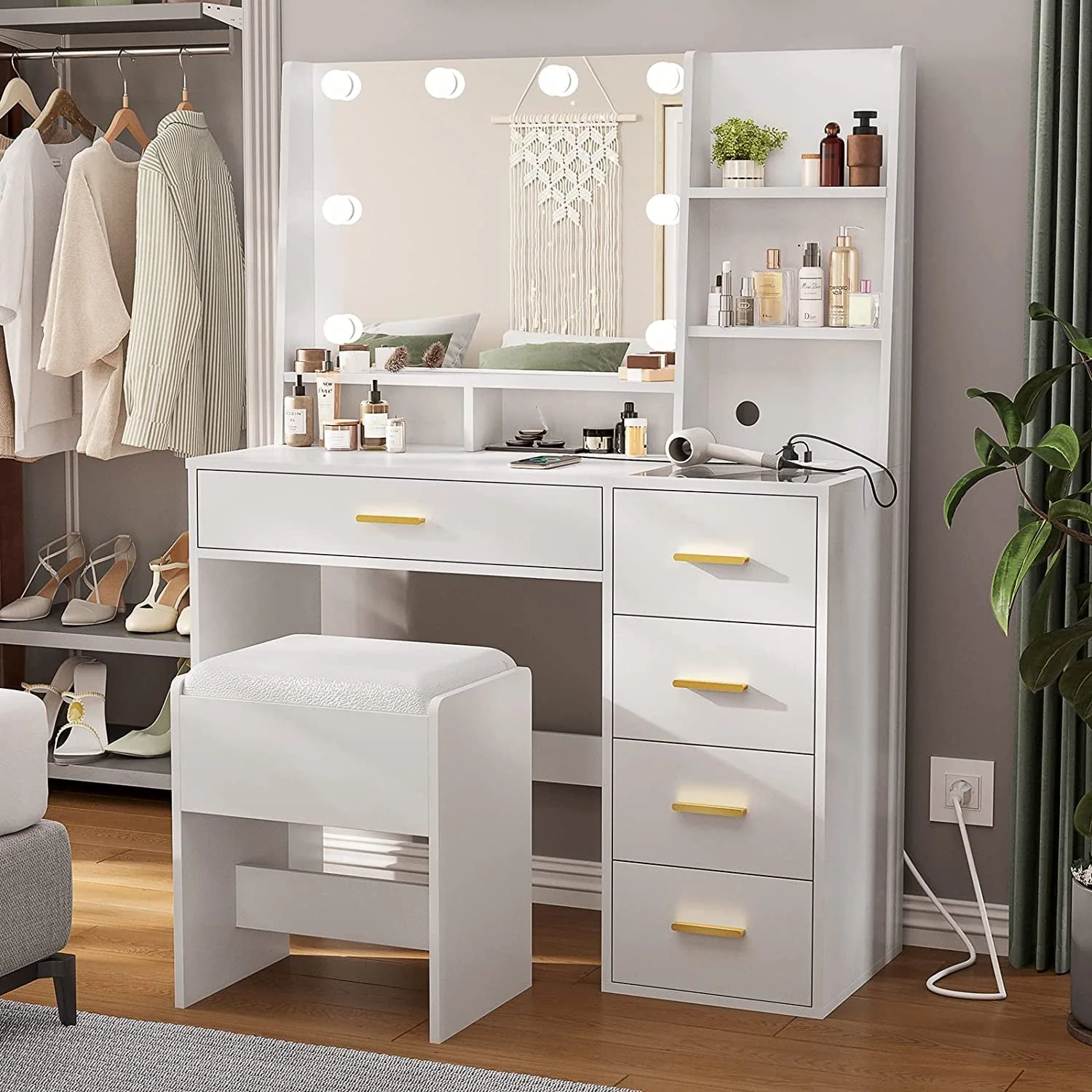 Black Vanity Set with Lights & Charging Station & Cushioned Stool, Modern Makeup Vanity Desk Table with Visible Drawers and Open Storage Shelves for Women Girls