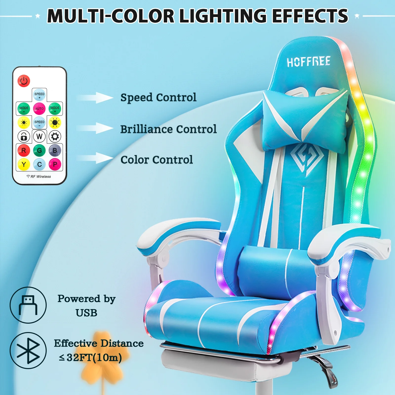 Hoffree Gaming Chair with Massage PU Leather Office Chair with Footrest and LED Light Ergonomic Gamer Chair Lumbar Support Adjustable Headrest High Back Computer Desk Chair for Home Office