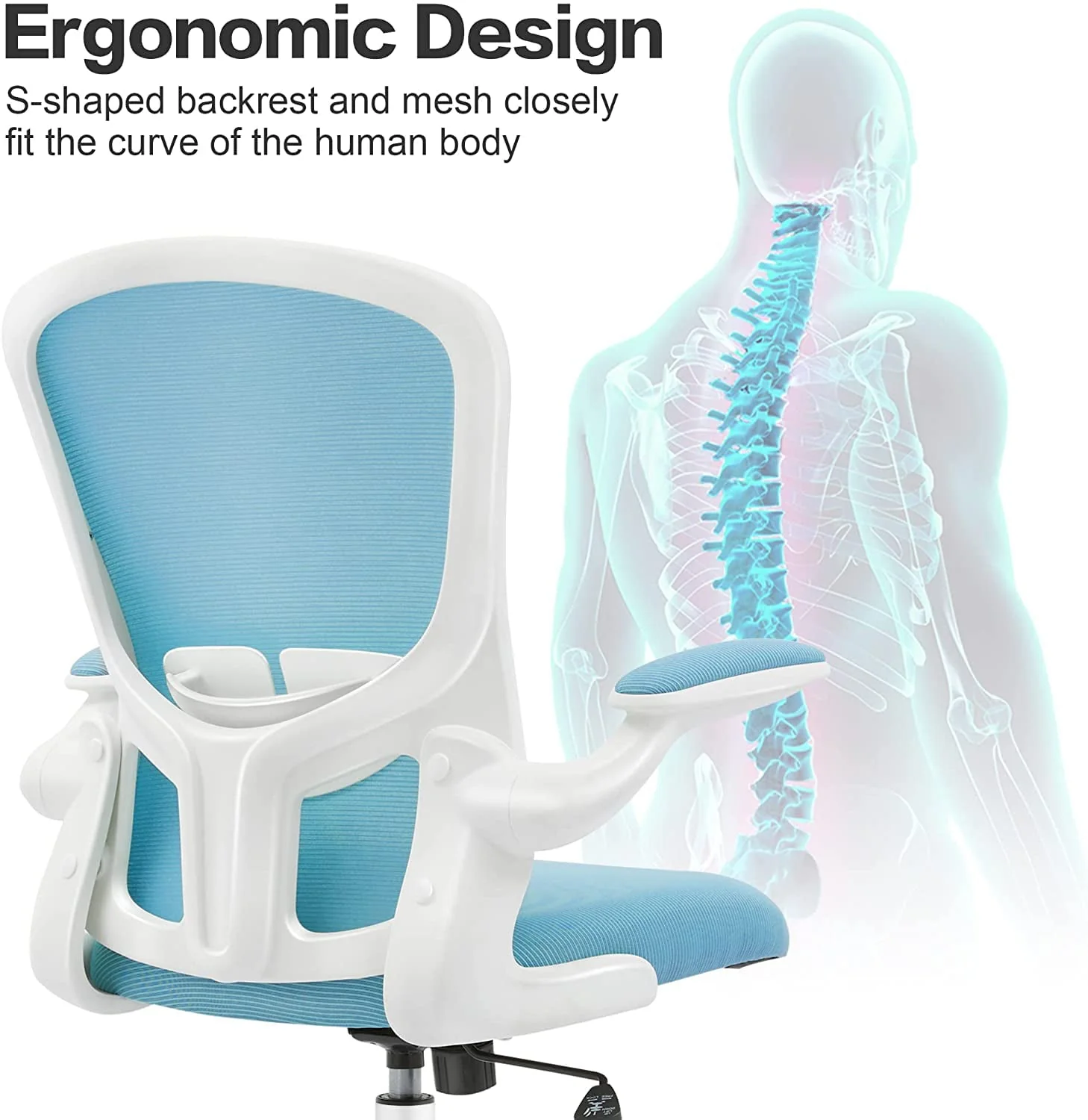 CoolHut Office Chair with Lumbar Support and Flip-up Arms, Ergonomic Desk Chair, Blue
