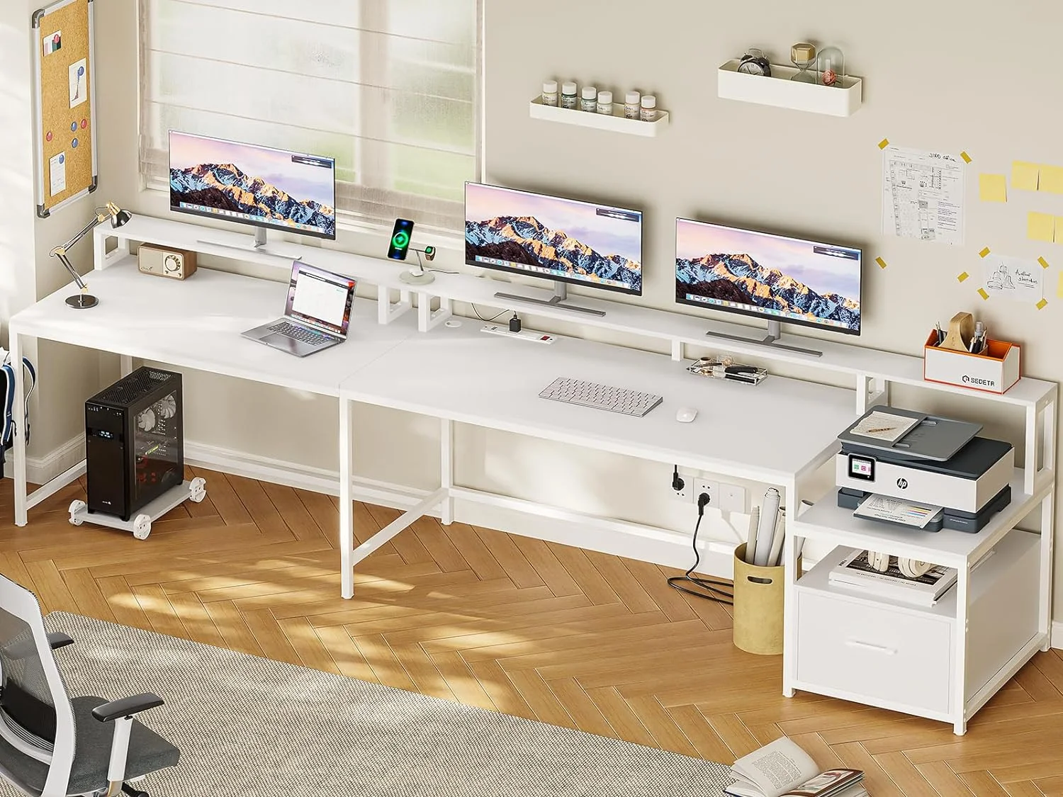 L Shaped Desk with Power Outlet and LED Lights, Corner Computer Desk with File Drawer for Home Office,  Gaming Desk,  Rustic Brown