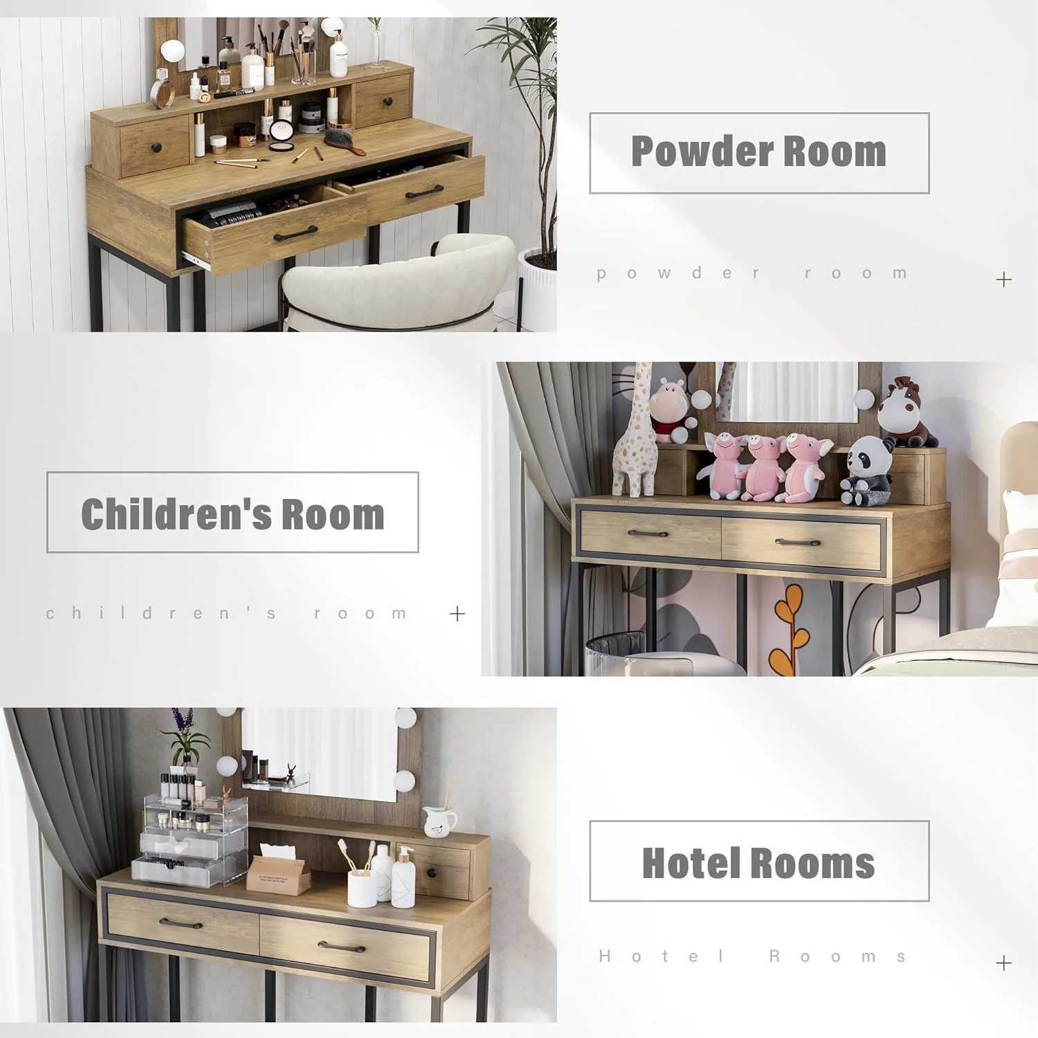 Heynemo Makeup Vanity with 3 Color Dimmable Lighted Hollywood Mirror, Vanity Table with 4 Drawers for Women Girls, Dressing Desk for Bedroom, Beauty Room, Brown