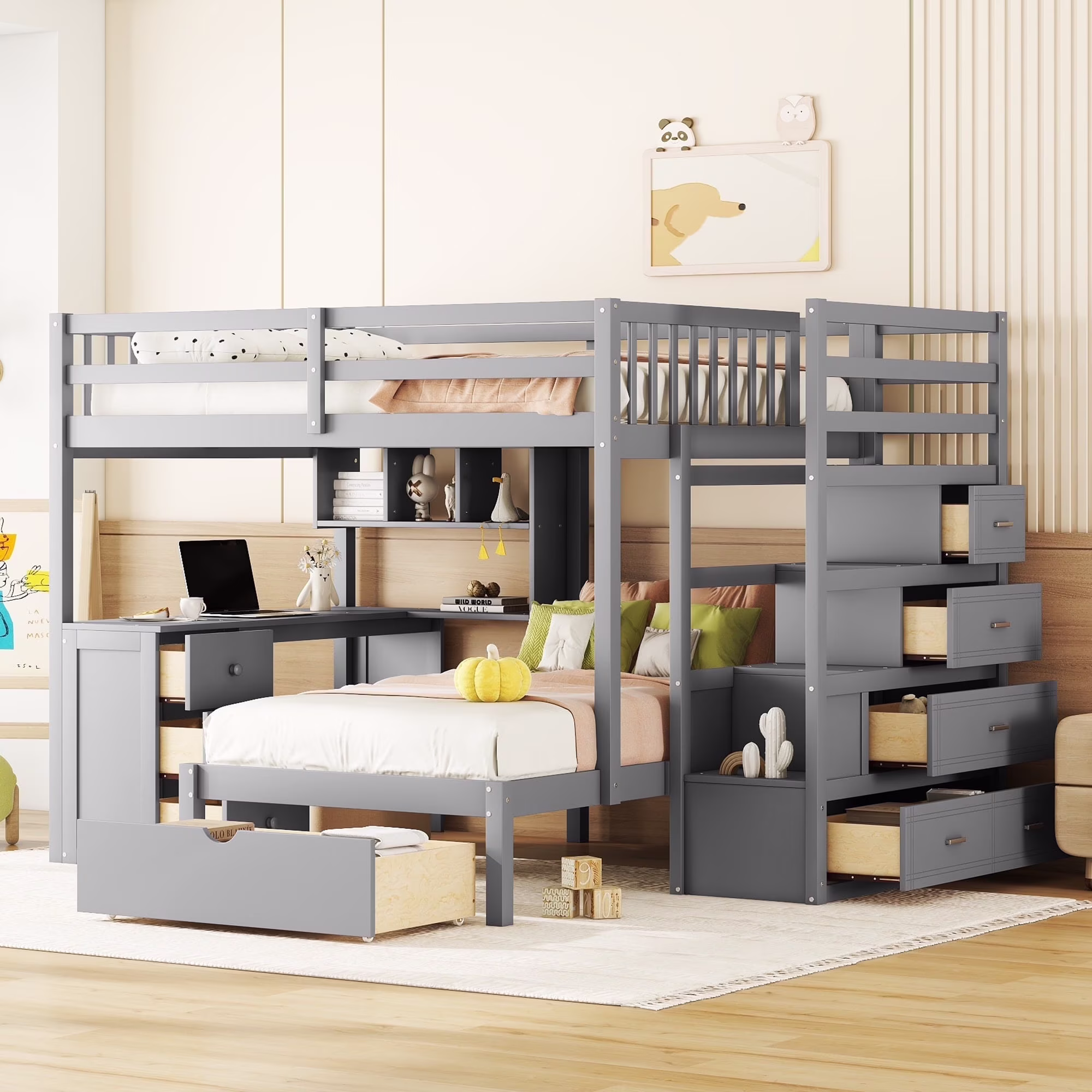 Harper & Bright Designs Full Over Twin Bunk Bed with Desk, Drawers and Shelves, L-Shaped Bunkbeds with Storage Staircase for Adults Bedroom, White