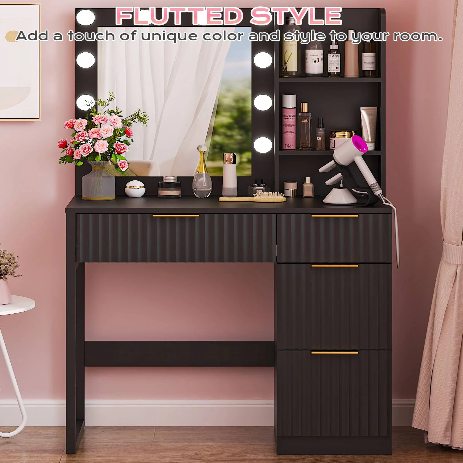 Ktaxon Vanity Set with 3 Color Lighted Mirror, Makeup Table with 3 Storage Shelves & Drawers, Dressing Table Makeup Desk with Stool,White