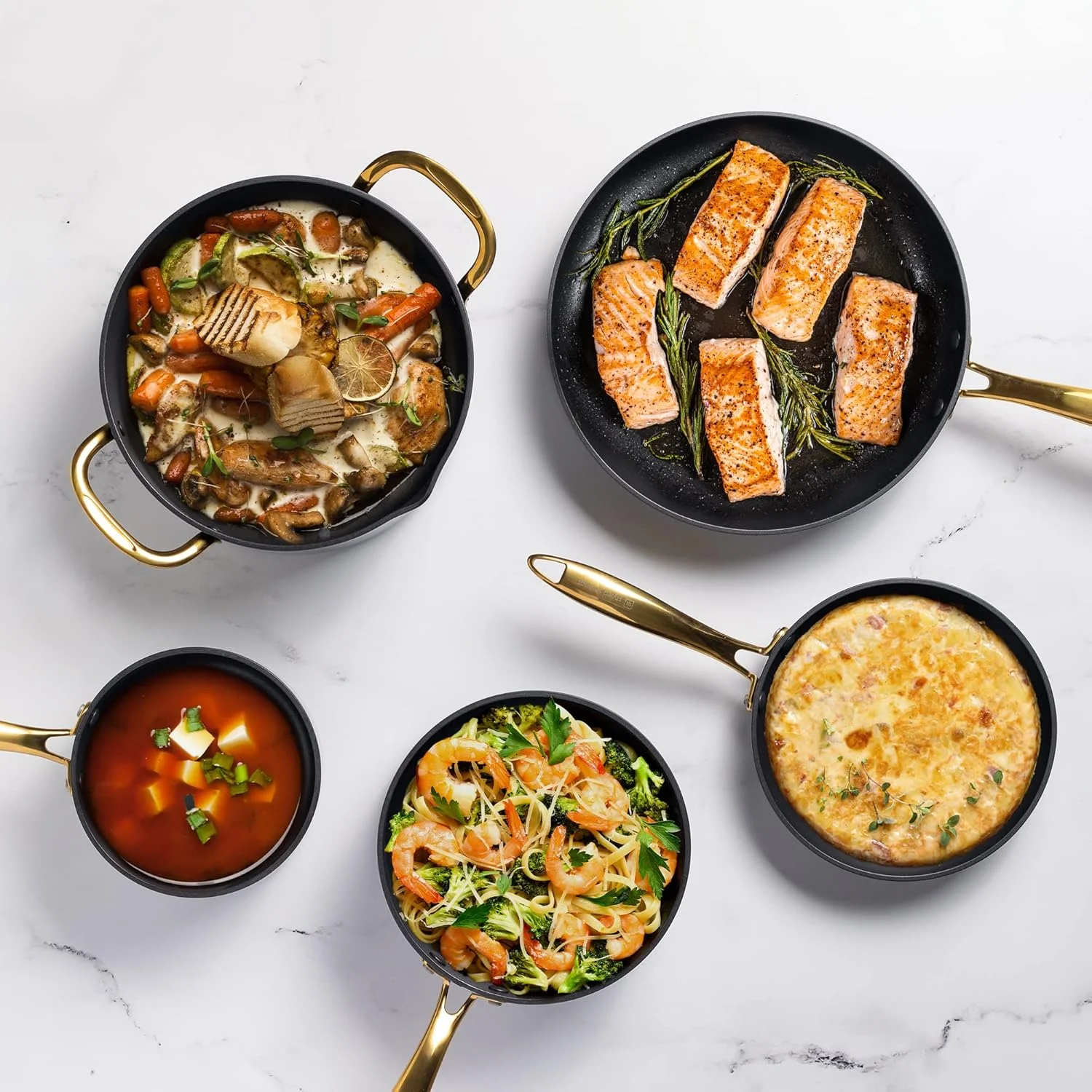 Styled Settings White Pots and Pans Set Nonstick-15 Piece Luxe White Cookware Set Non Toxic,Oven Safe,Induction Safe Cooking Pot with Strainer Lid,Gold Cooking Utensils,Gold Pots & Pans��