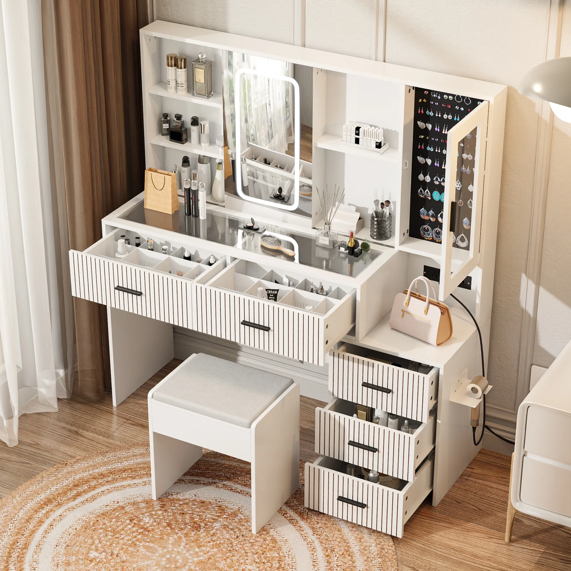Diubas Large Vanity Desk with Mirror, Makeup Vanity Table with 5 Drawers, LED Lights & Power Outlet