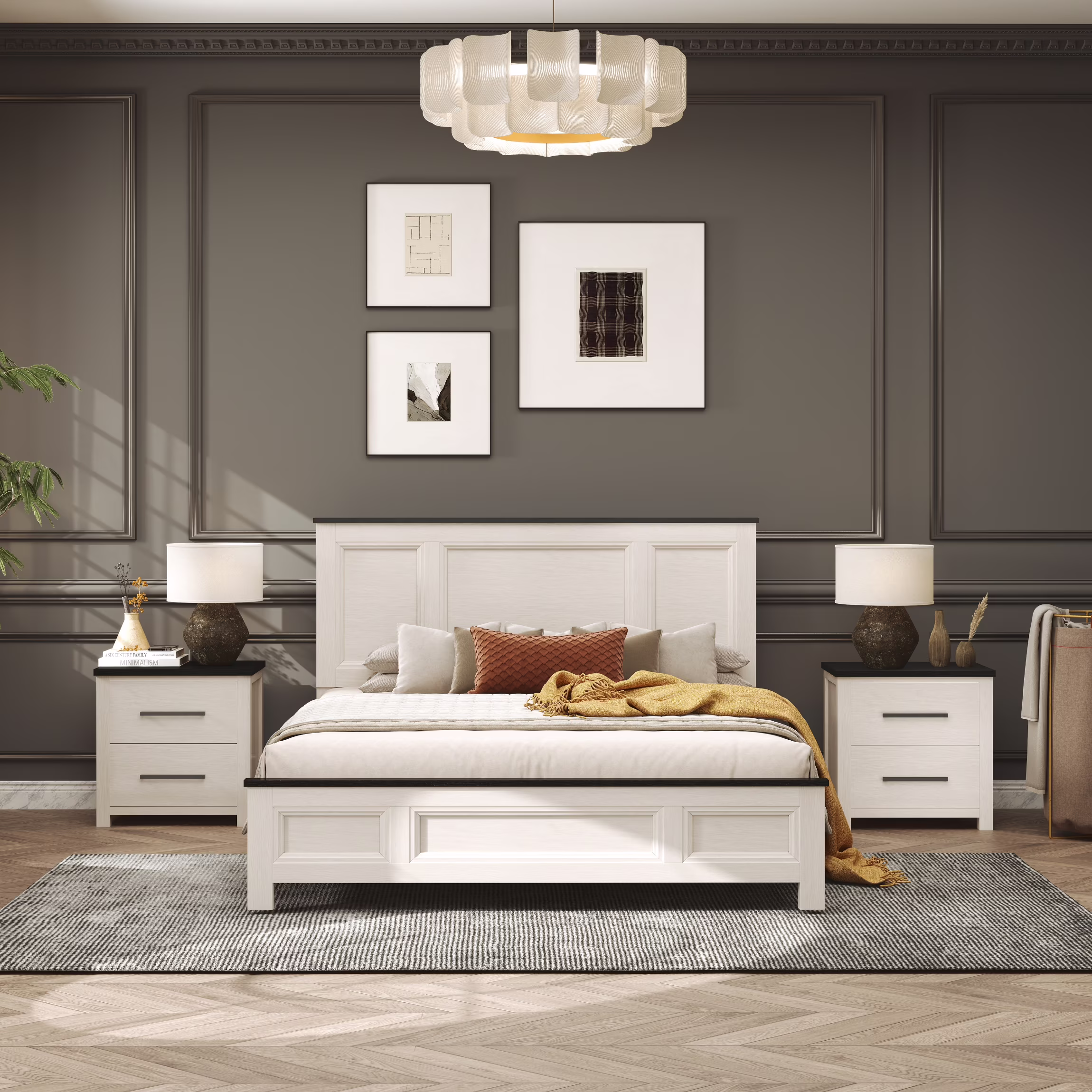 Roundhill Furniture Realynn 3-Pc Bedroom Set, King Panel Bed, 2 Nightstands