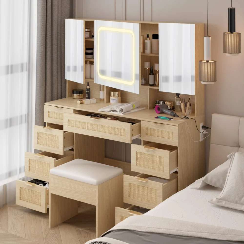 IVV Vanity Desk Set with Large LED Lighted Mirror & Power Outlet, Makeup Dressing Table with 9 Drawers and 3 Cabinets in Mirrored Doors, 47